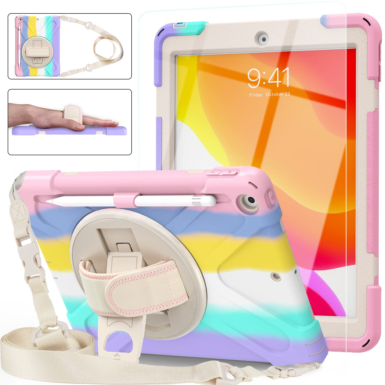 Blosomeet Case For Ipad 9Th/8Th Generation 2021/2020 10.2 Inch For Kids Girls Cute W/Tempered Glass Screen Protector & Pencil Ho