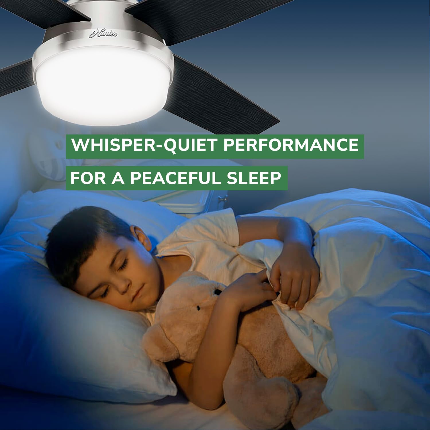 Hunter Fan Dempsey Low Profile Ceiling Fans With Lights And Remote, Flush Mount Ceiling Fan With Lights, Metal, Brushed Nickel F