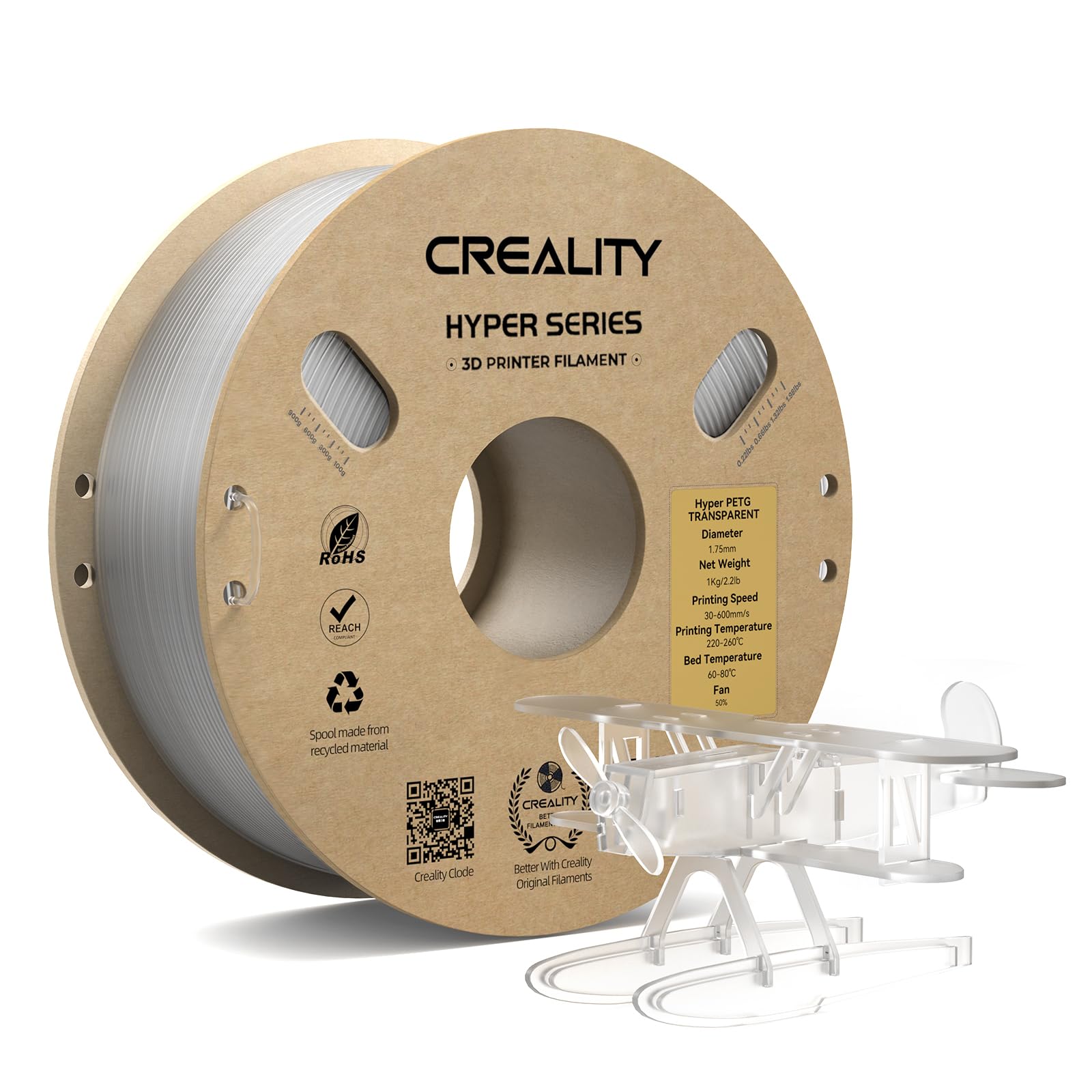 CREALITY Hyper PETG 1.75mm 3D Printer Filament, Up to 600mm/s High Speed Rapid PETG, 1kg (2.2lb) Neatly Wound Cardboard Spool, D