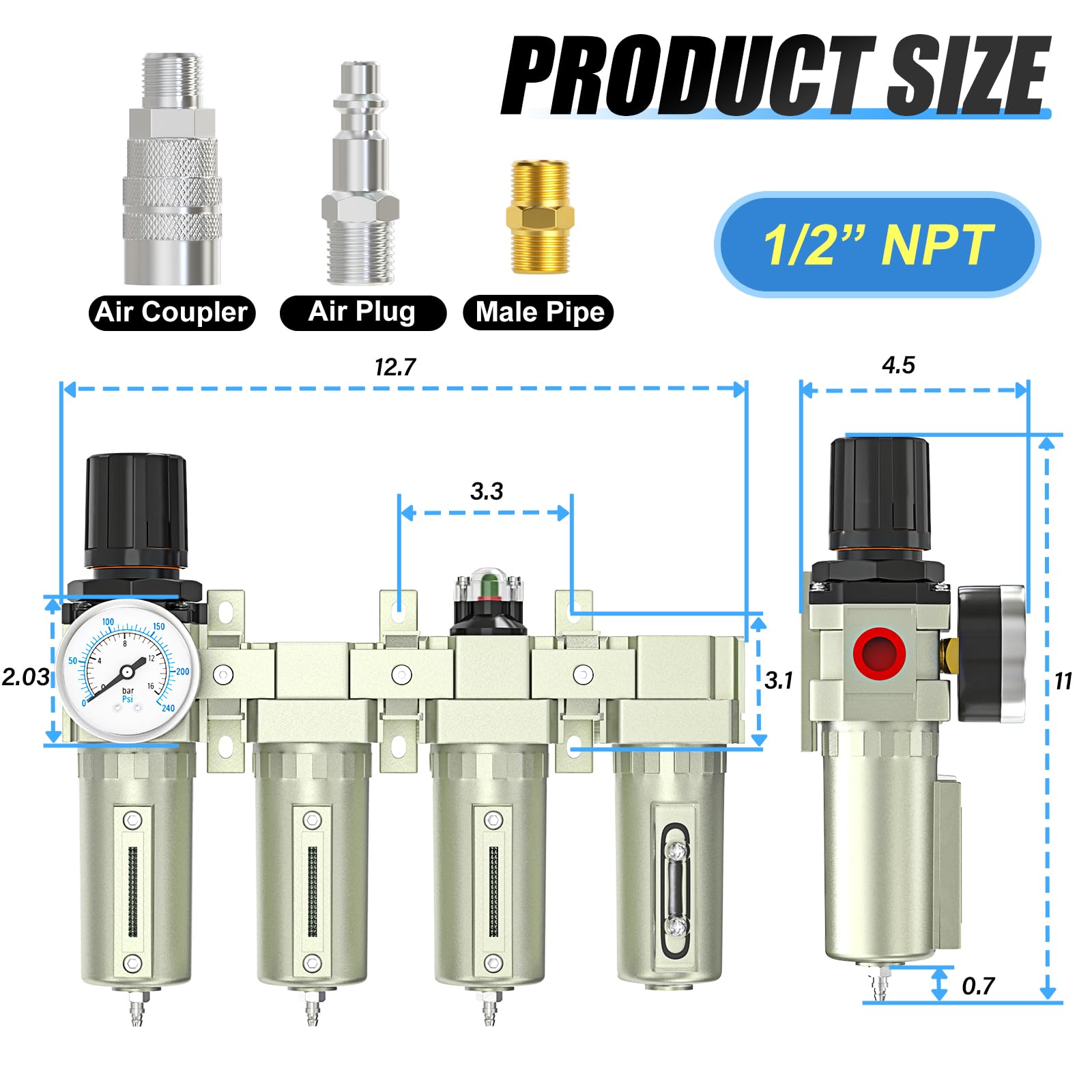 Meanlin 1/2'' Npt Heavy Duty Industrial Grade 4 Stage Air Drying System,Coalescing Filter,Double Particulate Filter,Desiccant Dr