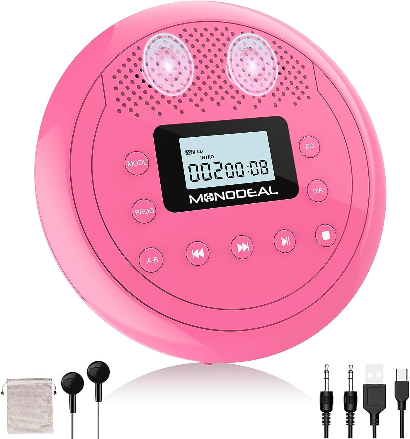 Monodeal Cd Player Portable, Rechargeable Cd Player With Speakers, Anti Skip Cd Player For Car And Home, Walkman Cd Player With Headphones For Audio Book Music (Rose Red)