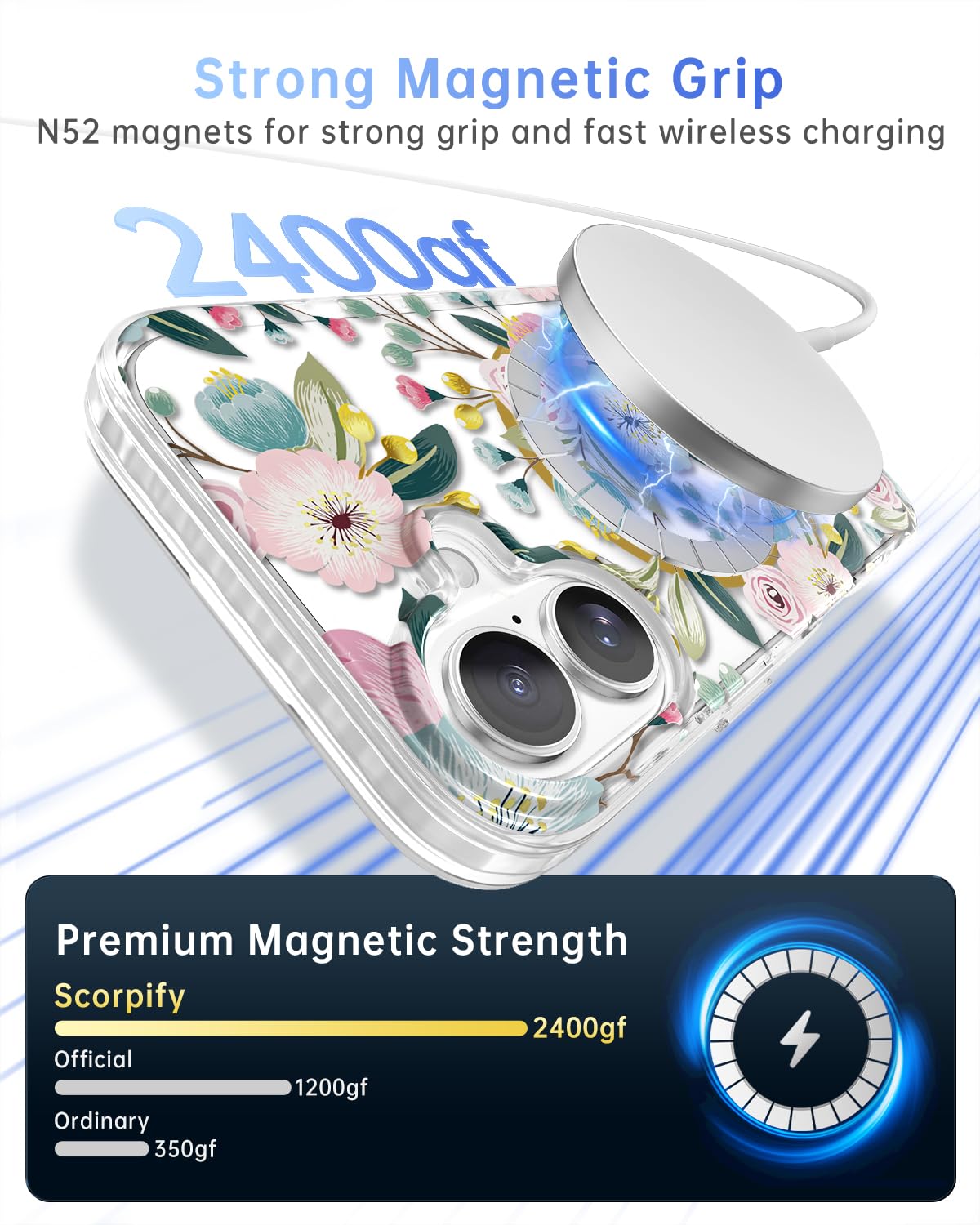 Scorpify For Iphone 16 Case [Compatible With Magsafe] With Hibiscus Floral Design, Cute Clear Flower Magnetic Phone Cover For Wo