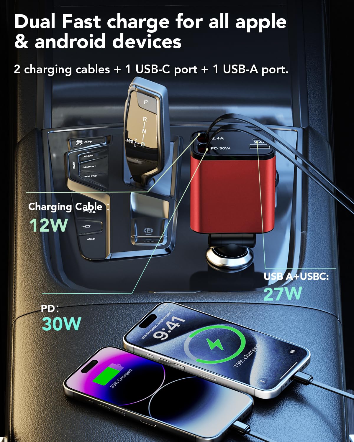 Retractable Car Charger 4 In 1, Compatible With Iphone 16 Car Charger Fast Charging, Type C Retractable Fast Car Charger, 69W Us