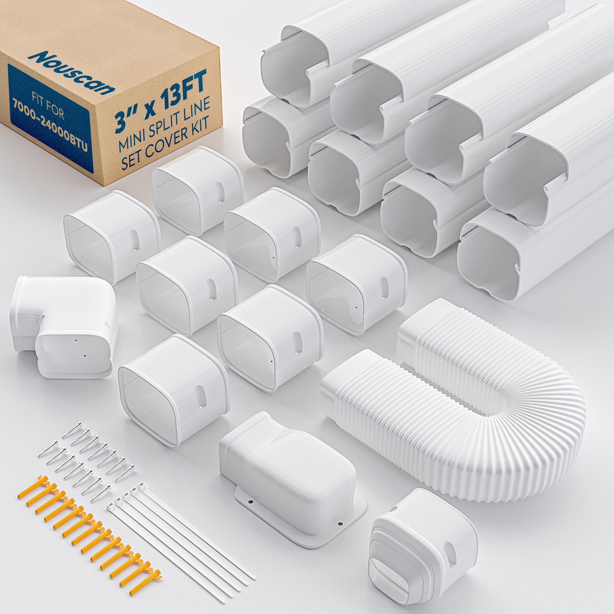 Nouscan 3'' 13Ft Mini Split Line Set Cover With Flexible Duct, Upgrade Pp Decorative Minisplit Lineset Cover Kit, Paintable For