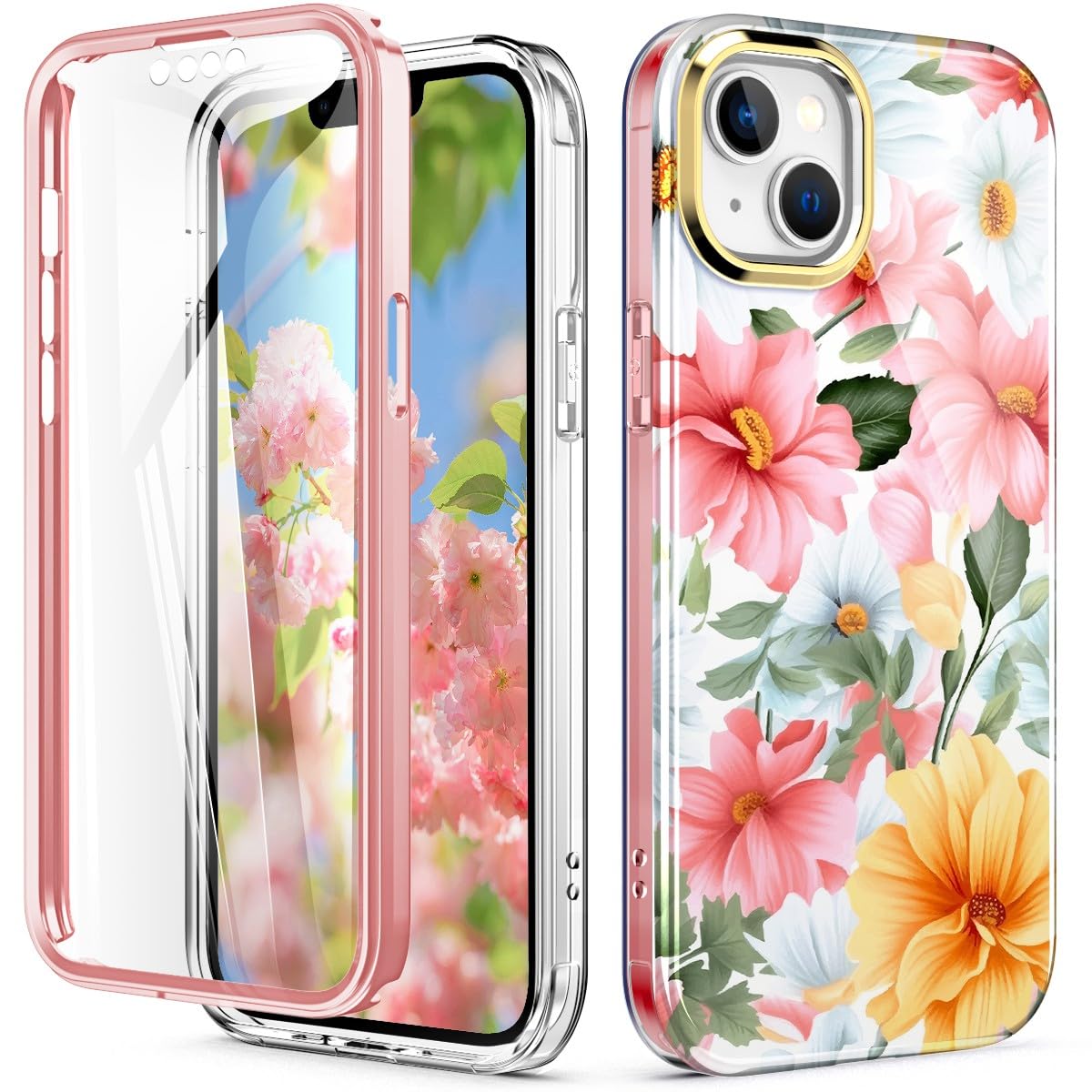 Turquiase Cute Flower Case For Iphone 14 Plus 6.7 Inch Built With Screen Protector, Lightweight And Stylish Full Body Shockproof