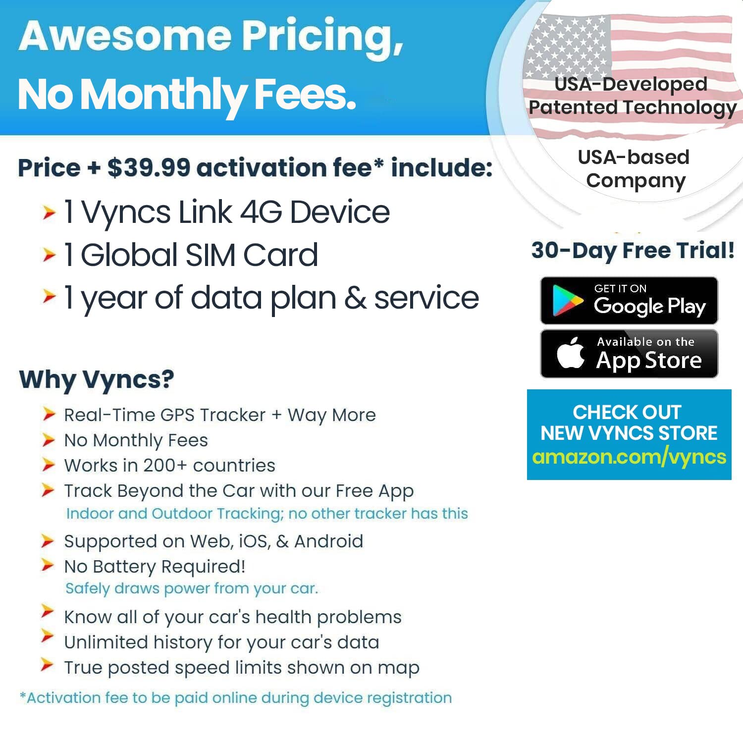 Vyncs   Gps Tracker For Vehicles, [No Monthly Fee], 4G Lte, Vehicle Location, Trip History, Driving Alerts, Geofence, Fuel Econo