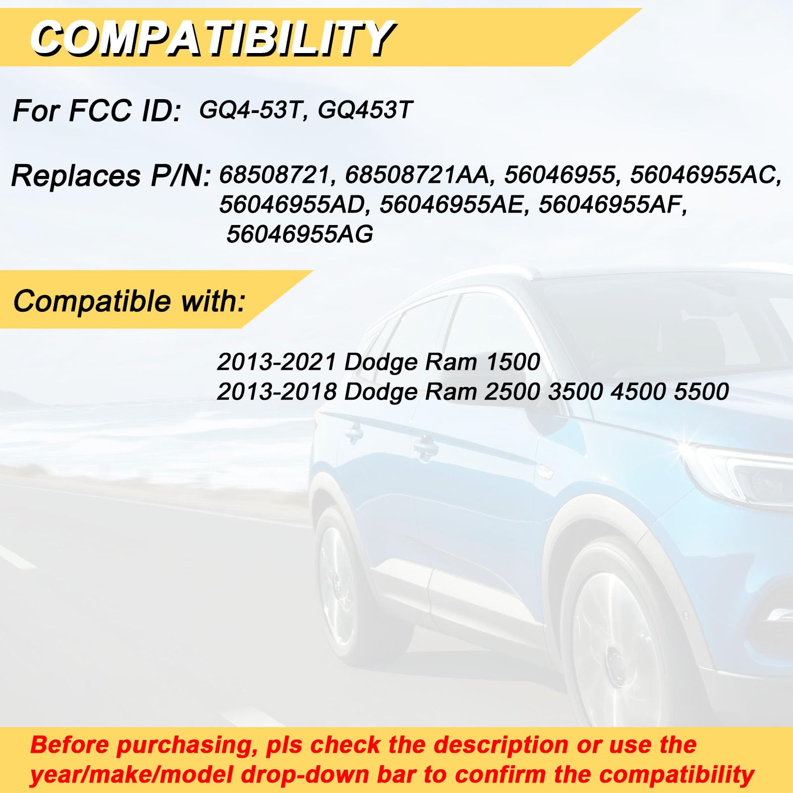 Vurkcy Key Fob Replacement For 2013 2021 Dodge Ram 1500/13 18 Ram 2500 3500 4500 5500 Car Keyless Entry Remote Control,Gq4 53T,4