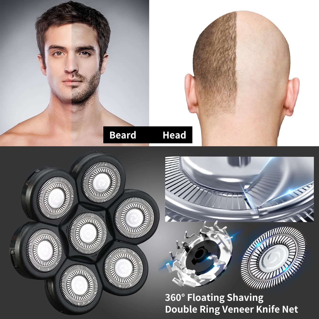 7 Blades Head Shaver Replacement Heads Electric Shaver Head Shaver Universal Replacement Blades Electric Razor For Men (7D Black