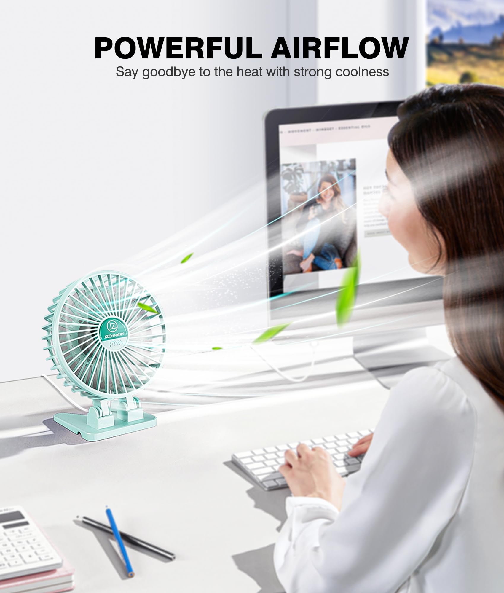 Jzcreater Usb Desk Fan, Mini Fan Portable, 3 Speeds Desktop Table Cooling Fan, Plug In Power Fan, Rotation Strong Wind, Quiet Pe