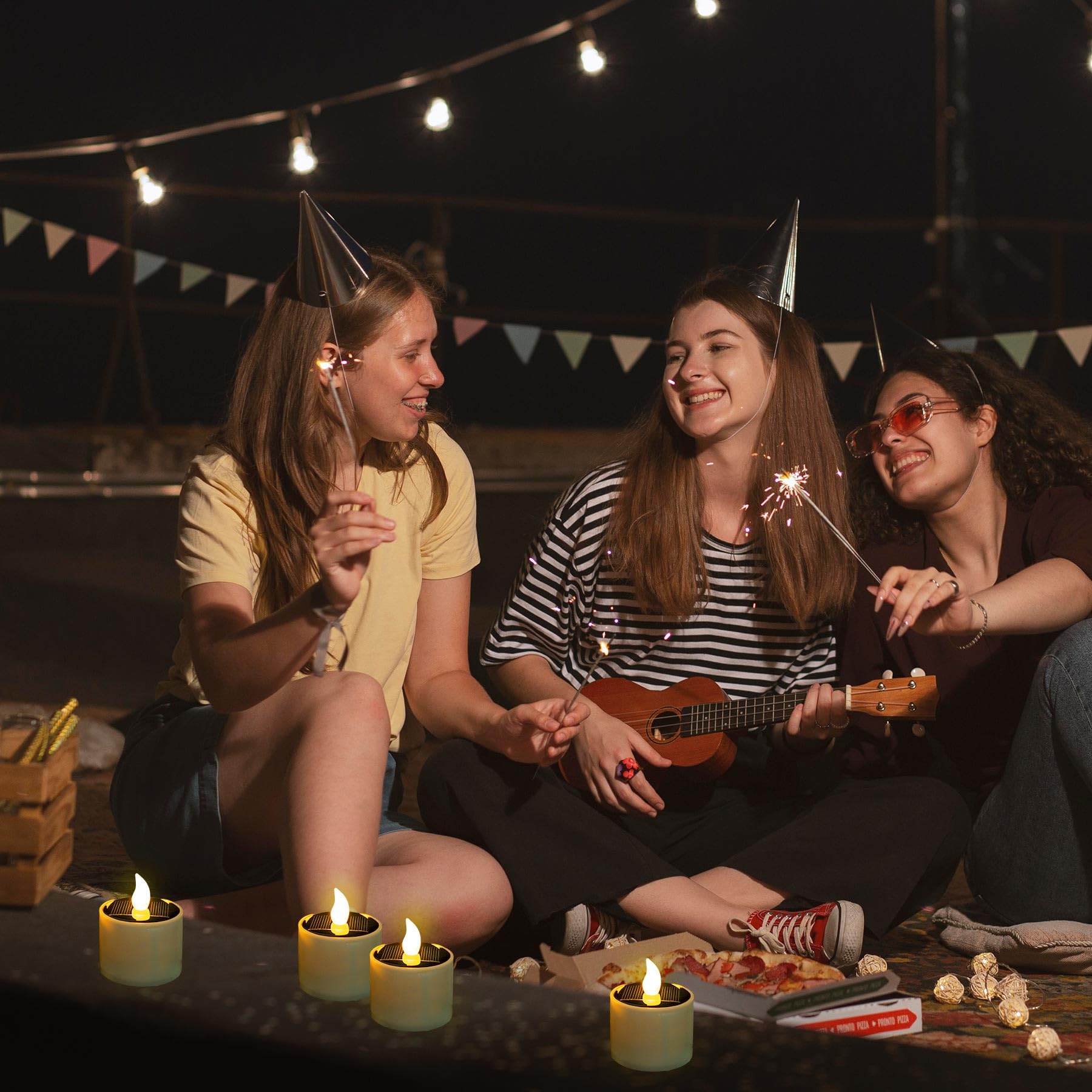 Yakpo 6 Pack Warm White Solar Powered Outdoor Waterproof Led Tea Lights, Rechargeable Flameless Flickering Solar Tealights Batte