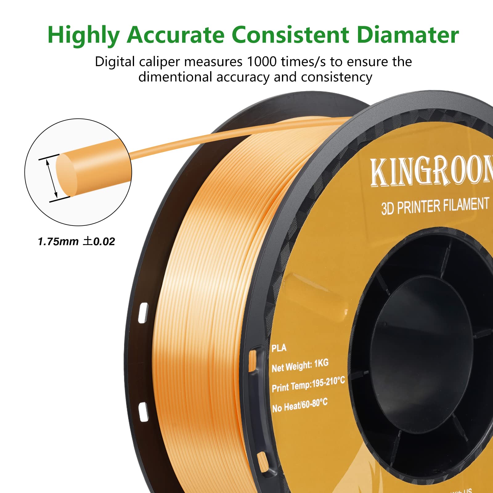 Silk Pla 3D Printer Filament, Dimensional Accuracy +/  0.03 Mm, 1 Kg Spool(2.2Lbs), Pla Shiny Filament 1.75 Mm (Orange)