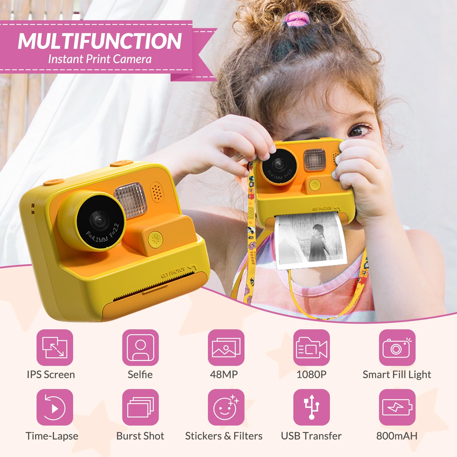 Mafiti Kids Camera Instant Print, 48Mp Digital Camera Selfie 1080P Video Camera With 32G Tf Card, Toys Presents For Girls Boys A