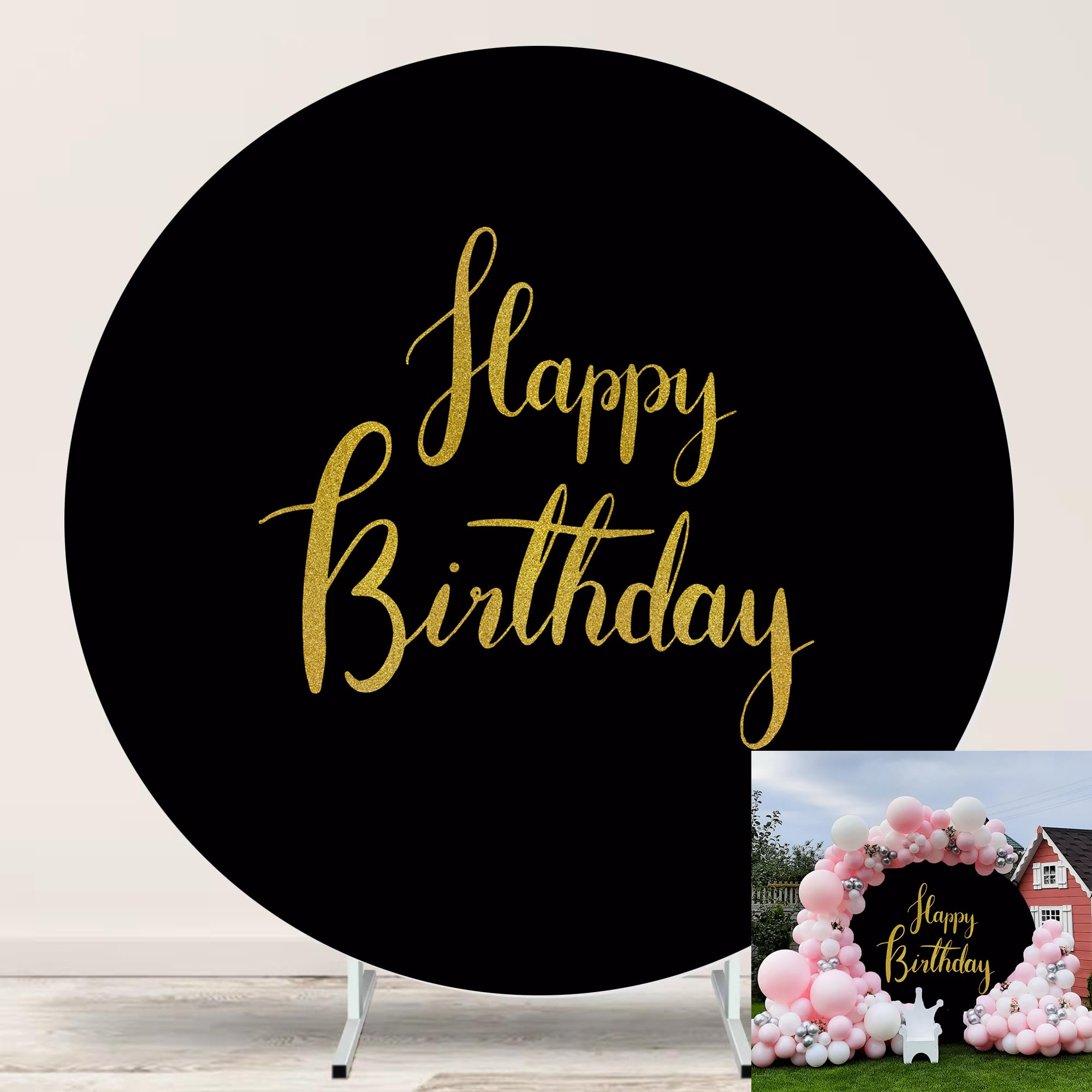 Jditngp 6.5Ftx6.5Ft Gold Happy Birthday Sign Round Backdrop Cover,Black Round Backdrop Cover Happy Birthday Party Decoration Bla
