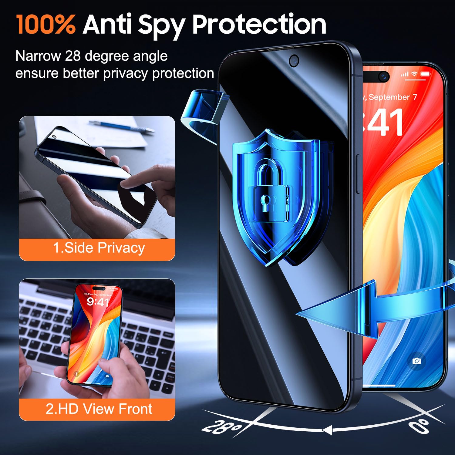 Uniqueme For Iphone 15 Pro Privacy Screen Protector, [Military Grade Shatterproof & 9H+ Hardness] Screen Protector 15 Pro Temper