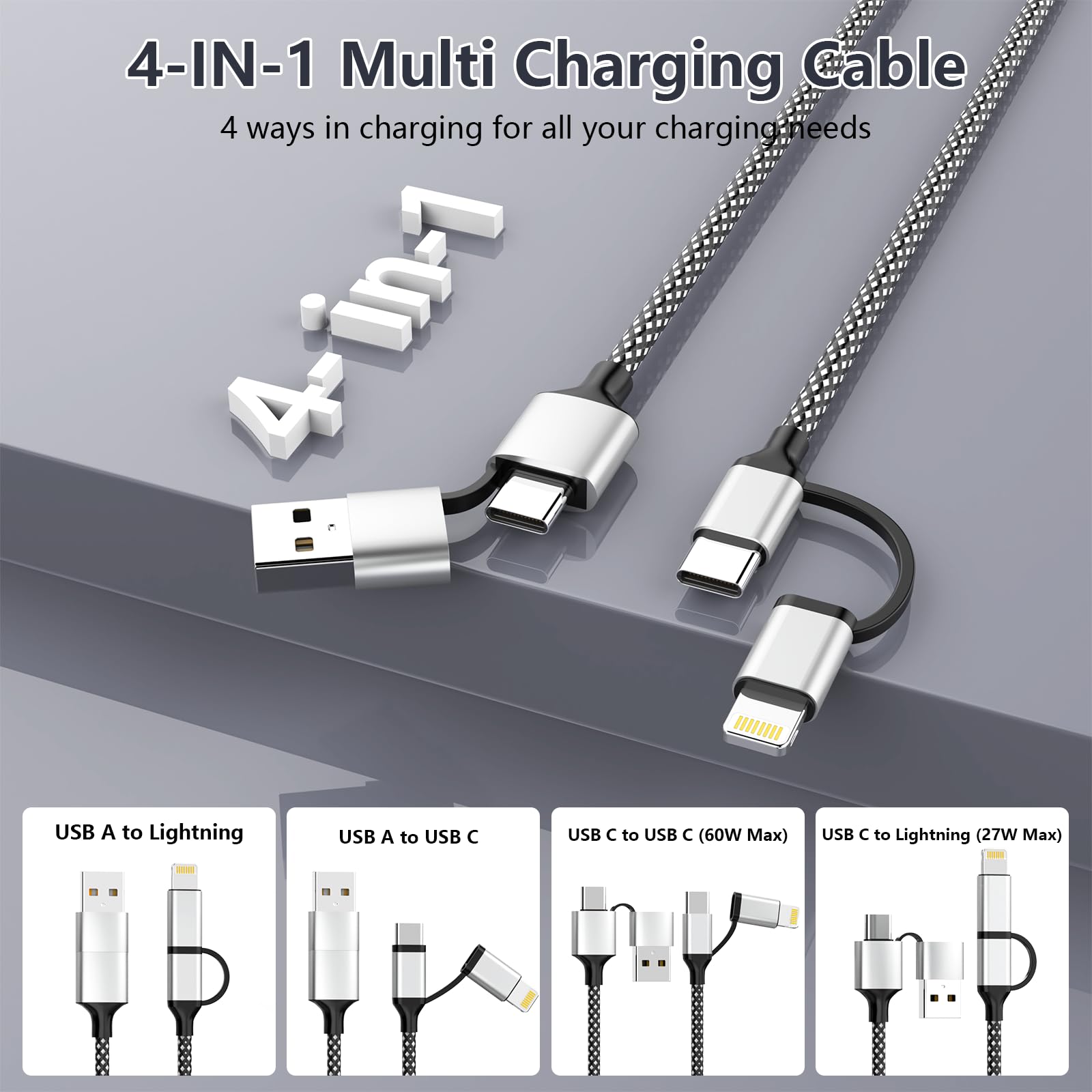 16Ft Long Multi 4 In 1 Usb C Cable Lightning Charging Cable,5M 60W Fast Charger & Data Transfer,Iphone Ipad Charger Cord With Li