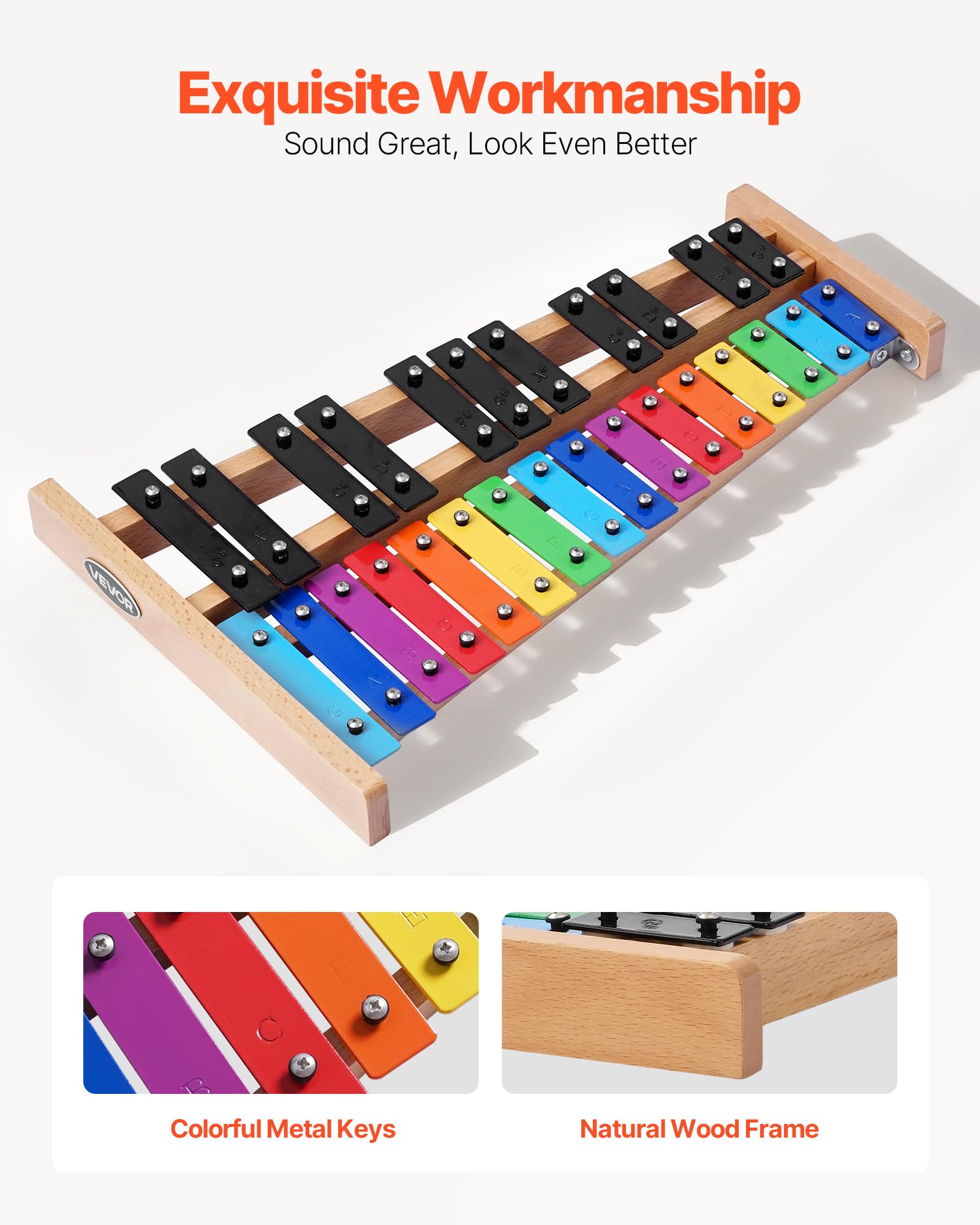 Vevor Glockenspiel Xylophone, 27 Notes, Professional Xylophone Percussion Instrument, With Colorful Metal Keys, Includes 4 Malle