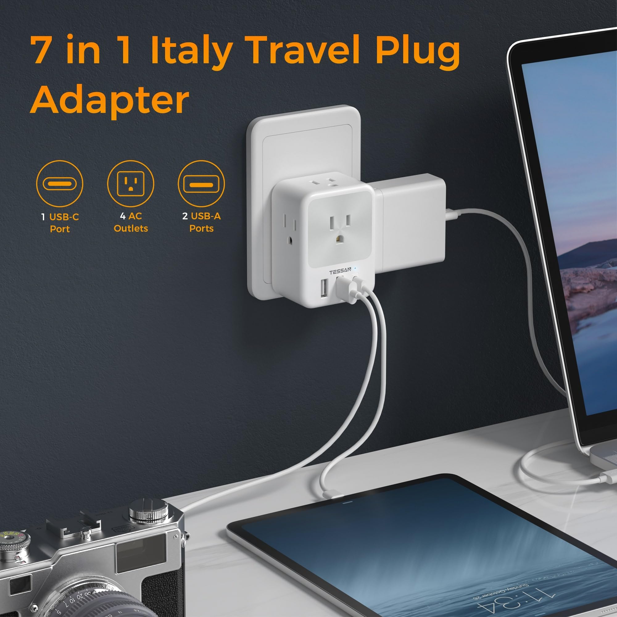 Italy Travel Plug Adapter 2 Packs, Tessan Italy Power Adapter With 4 Outlets 3 Usb Ports (1 Usb C), Type L Plug Adaptor Italian