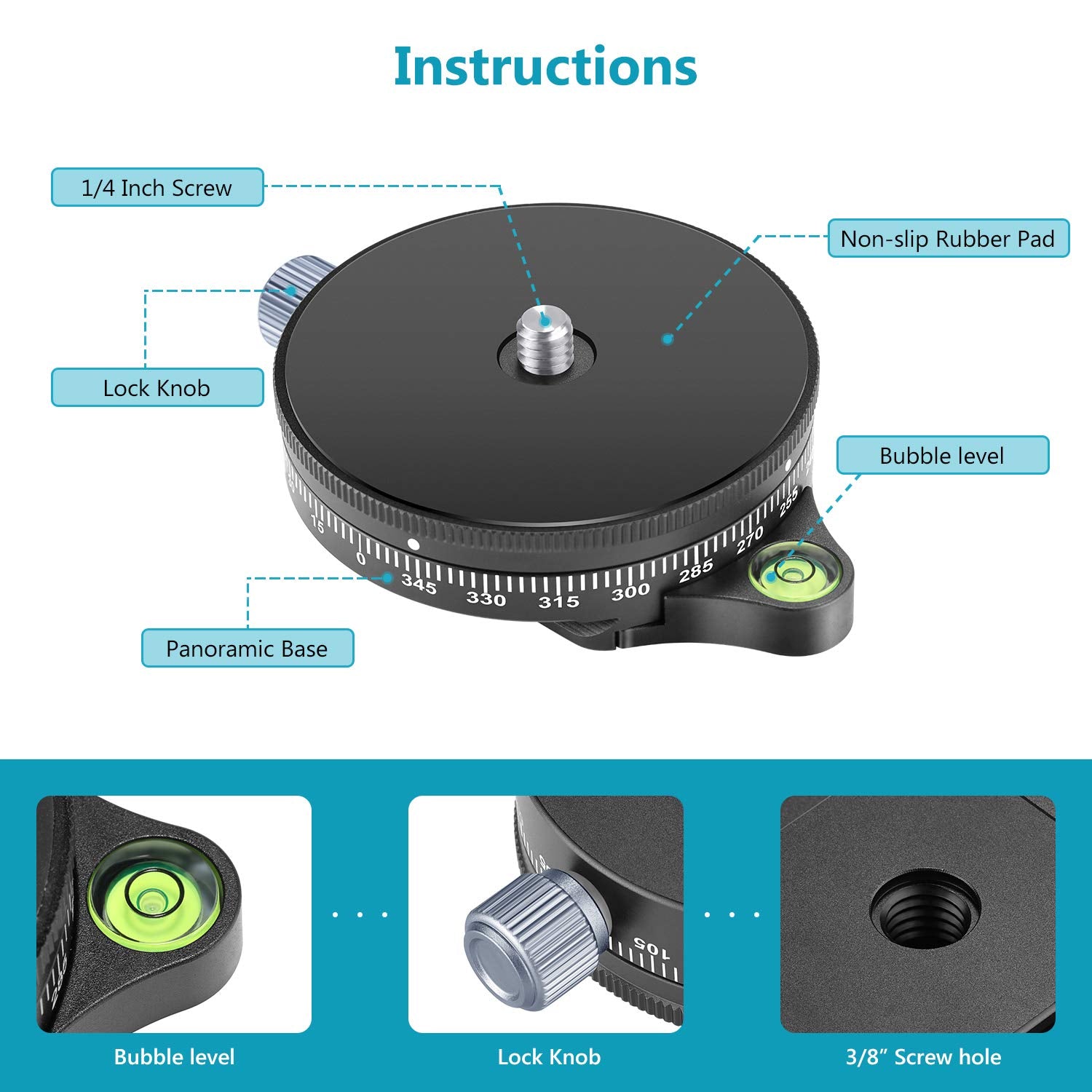 Neewer Camera Panoramic Panning Base With Style Plate, 3/8 Inch Screw Aluminum Alloy Panorama Ball Tripod Head With Bubble Level