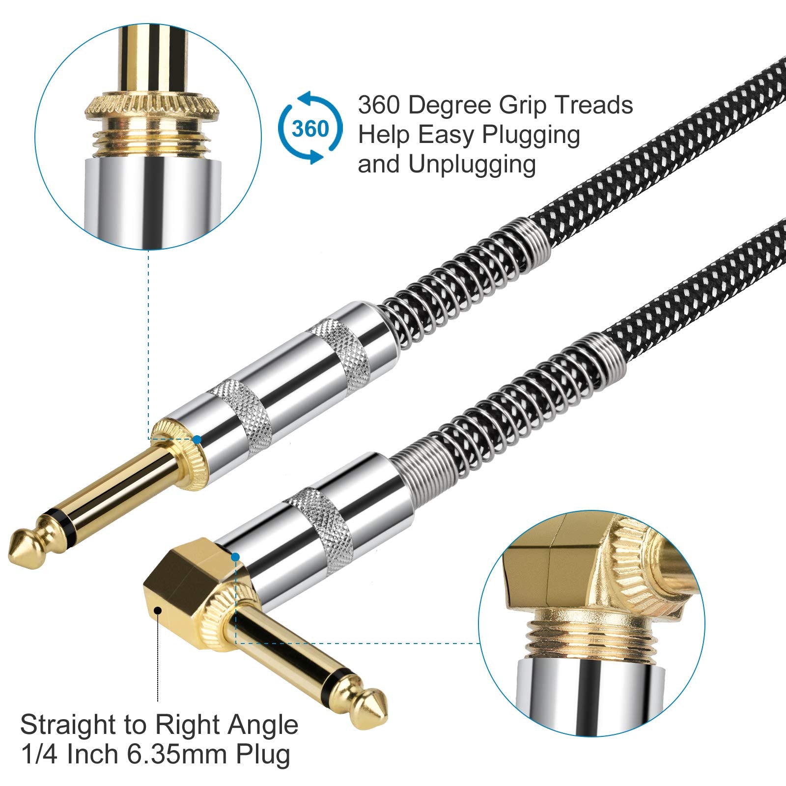 Jolgoo Guitar Cable, 1/4 Inch Cable 15 Ft, Straight To Right Angle 6.35Mm Plug Bass Keyboard Instrument Cable, Black And Gray Tw