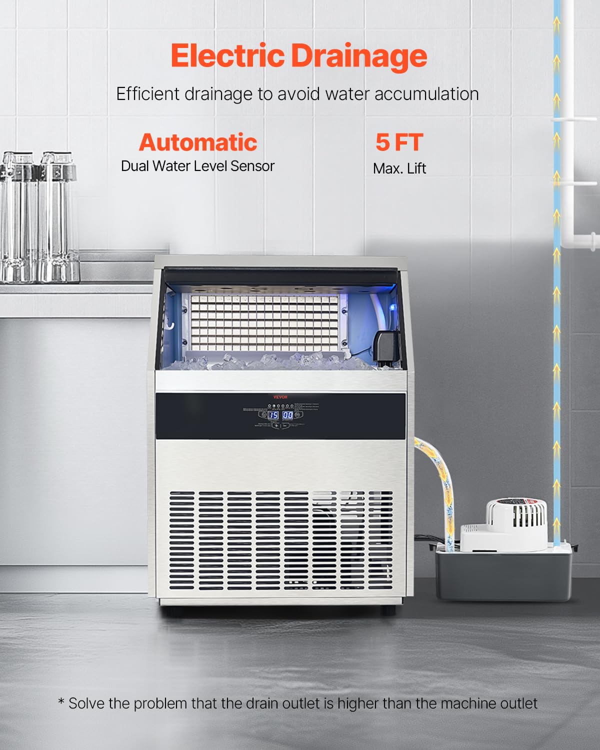 Vevor 360Lbs/24H Commercial Ice Maker Machine With Drain Pump, 88Lbs Storage Capacity Ice Maker, 160 Ice Cubes In 15 Minutes, Le
