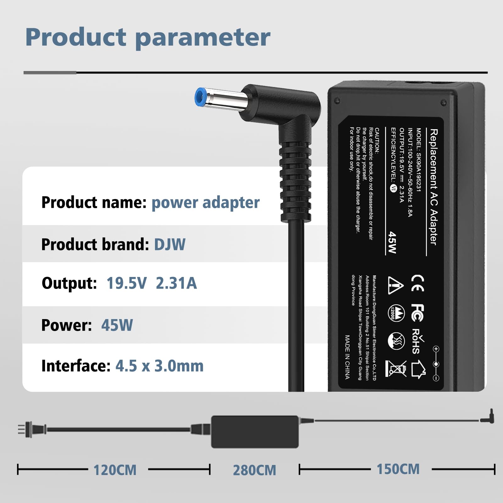 Charger For Hp Laptop Computer 45W Smart Blue Tip Power Adapter