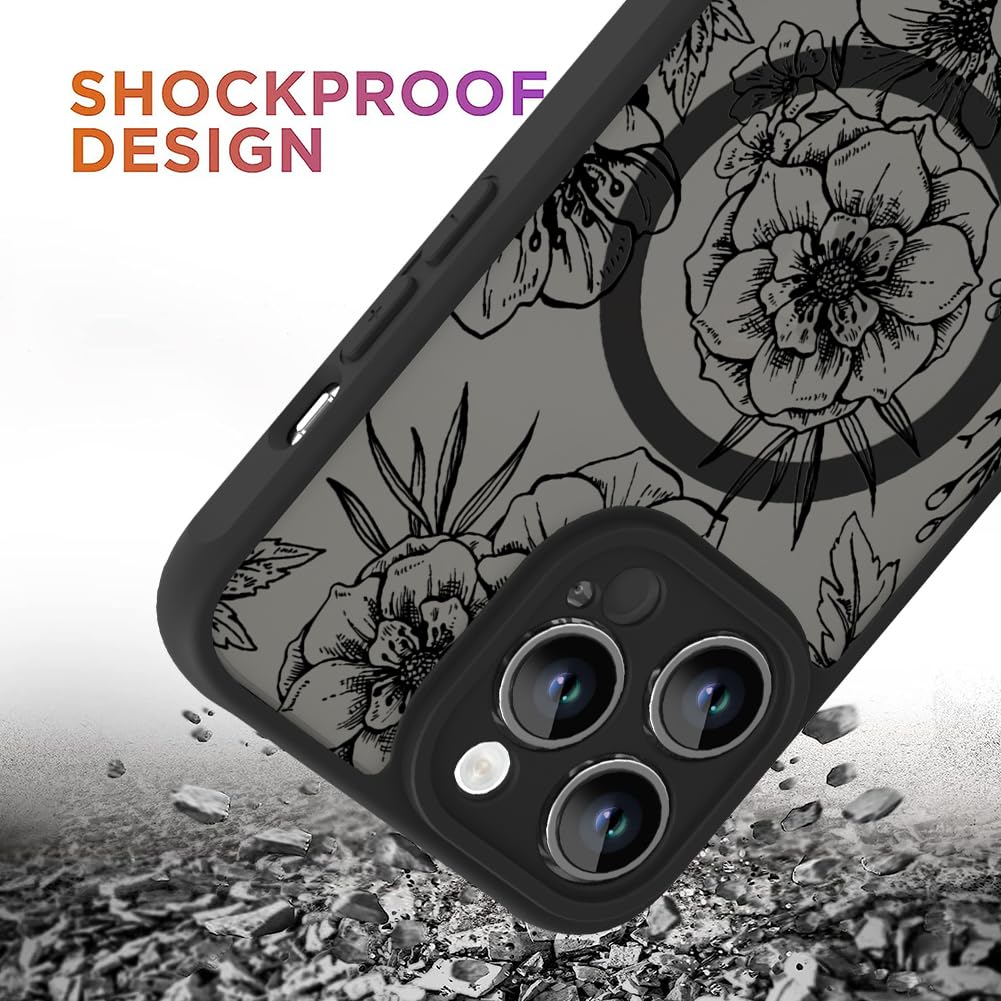 Ook Magnetic For Iphone 14 Pro Max Case Black Flower Floral Pattern [Compatible With Magsafe] Slim Translucent Matte Camera Lens