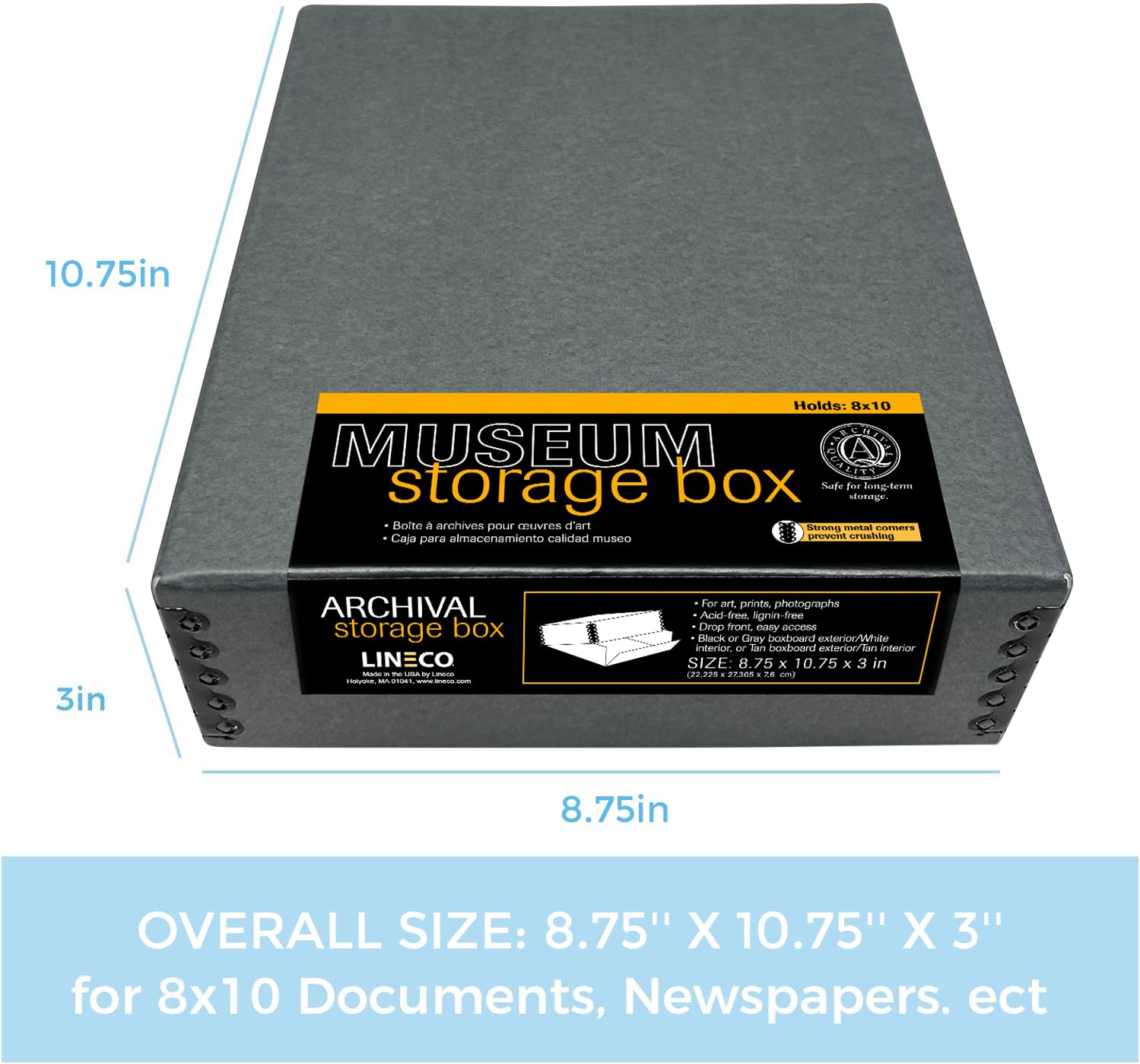 Lineco Museum Archival Storage Box, 8.75X10.75X3 In. Drop Front Design. Acid Free With Metal Edge. Organize Photos, Pictures, Prints, Documents, Crafts, Diy. Gray, 1 Pack