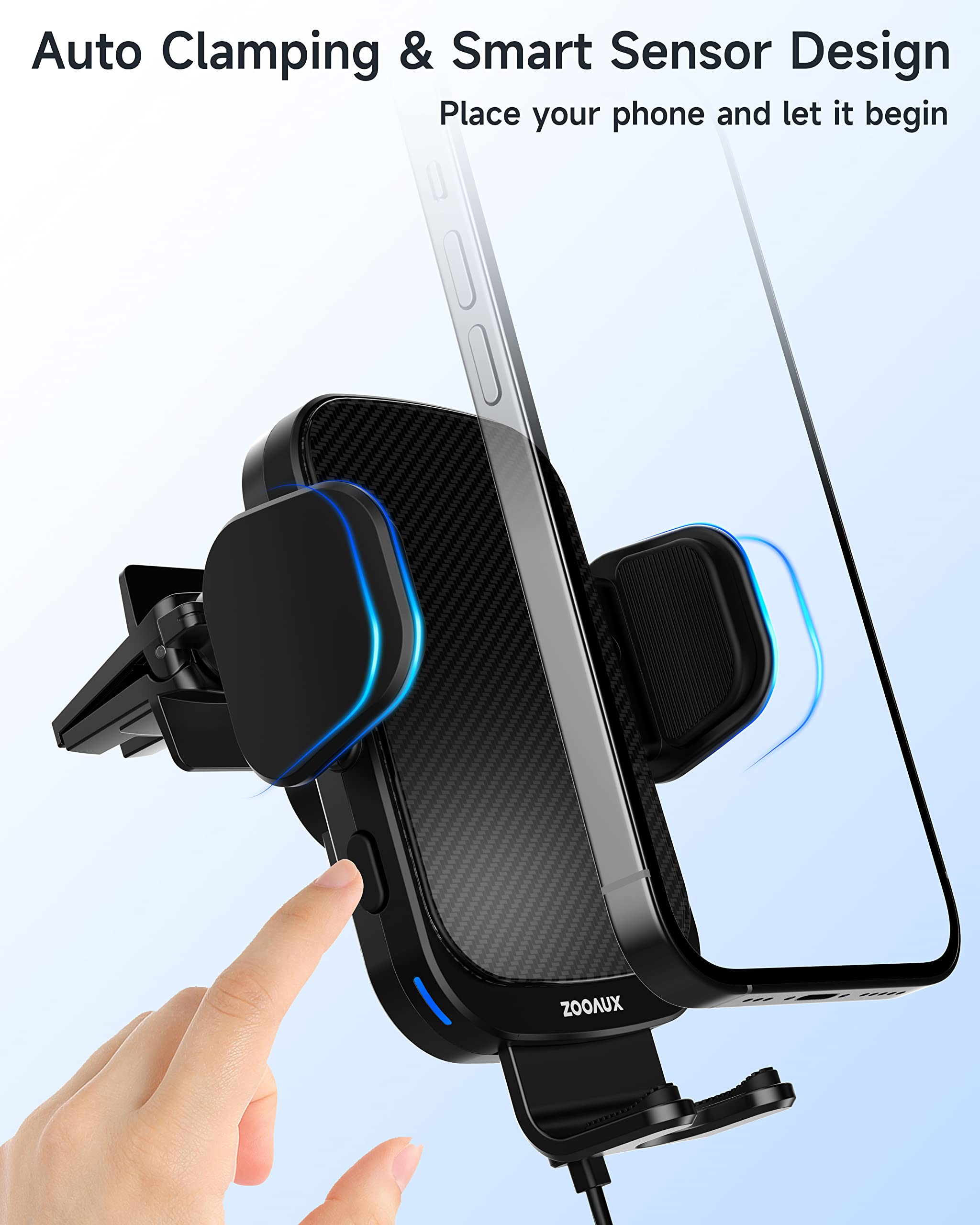 Zooaux Wireless Car Charger Vent Mount, 15W Fast Charging Auto Clamping Car Mount, Air Vent Car Phone Holder For Iphone 15/15 Pr