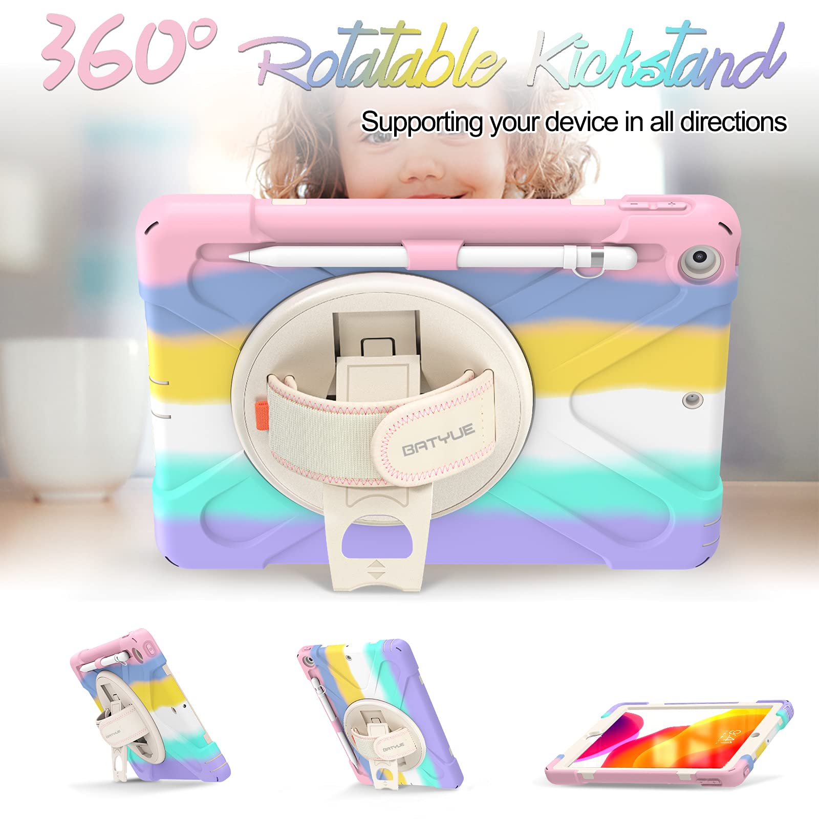 Batyue Ipad 9Th/ 8Th/ 7Th Generation Case 10.2, Shockproof Case With Screen Protector Pencil Holder [360 Rotating Hand Strap] &S