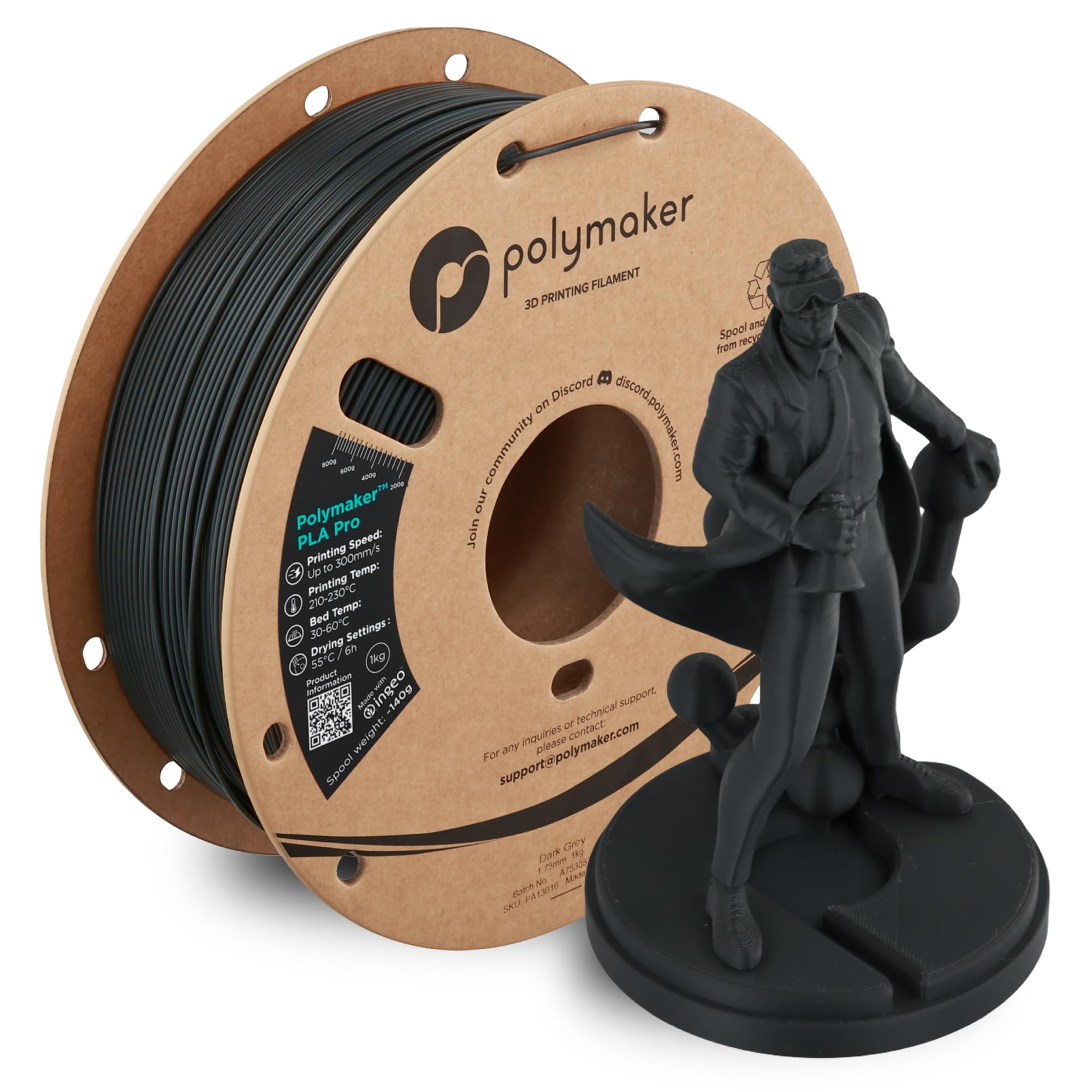 Polymaker PLA Pro 3D Printing Filament Dark Grey 1.75mm 1KG, High-Impact Tough PLA, Fast Printing up to 300mm/s, High Speed New 