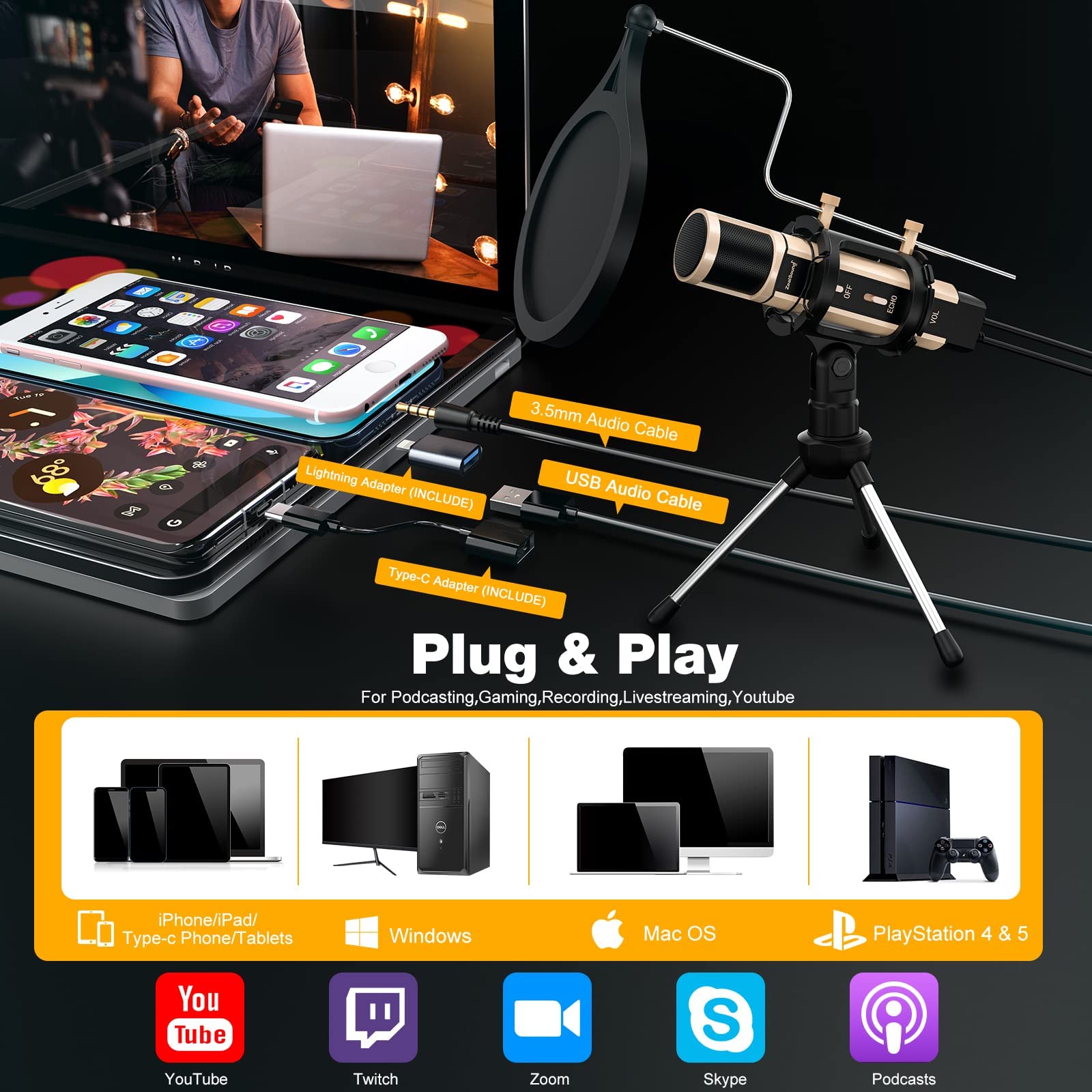 ZealSound Condenser Microphone with USB & 3.5mm, Type-C Adapter, Pop Filter, Tripod Stand - Gold, Model k08-u for Streaming & ASMR