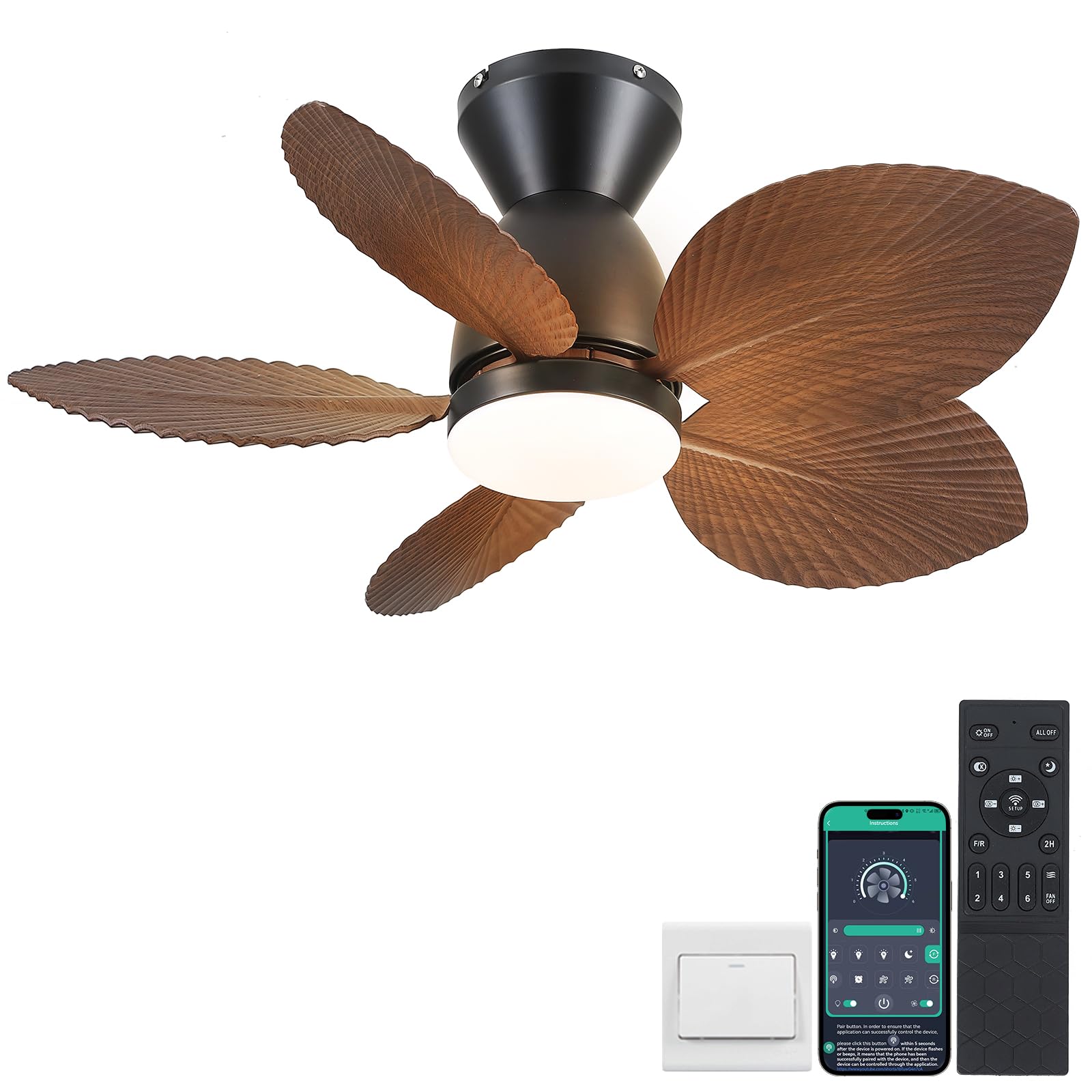 Kviflon Low Profile Ceiling Fans With Lights And Remote/App Control, 30 Inch Small Tropical Ceiling Fan With Light Flush Mount,