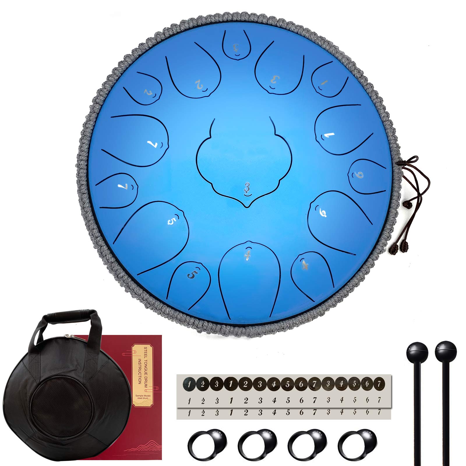 Steel Tongue Drum, 15 Notes 13 Inches Percussion Instrument Dkey Handpan Drum (Aqua Blue)