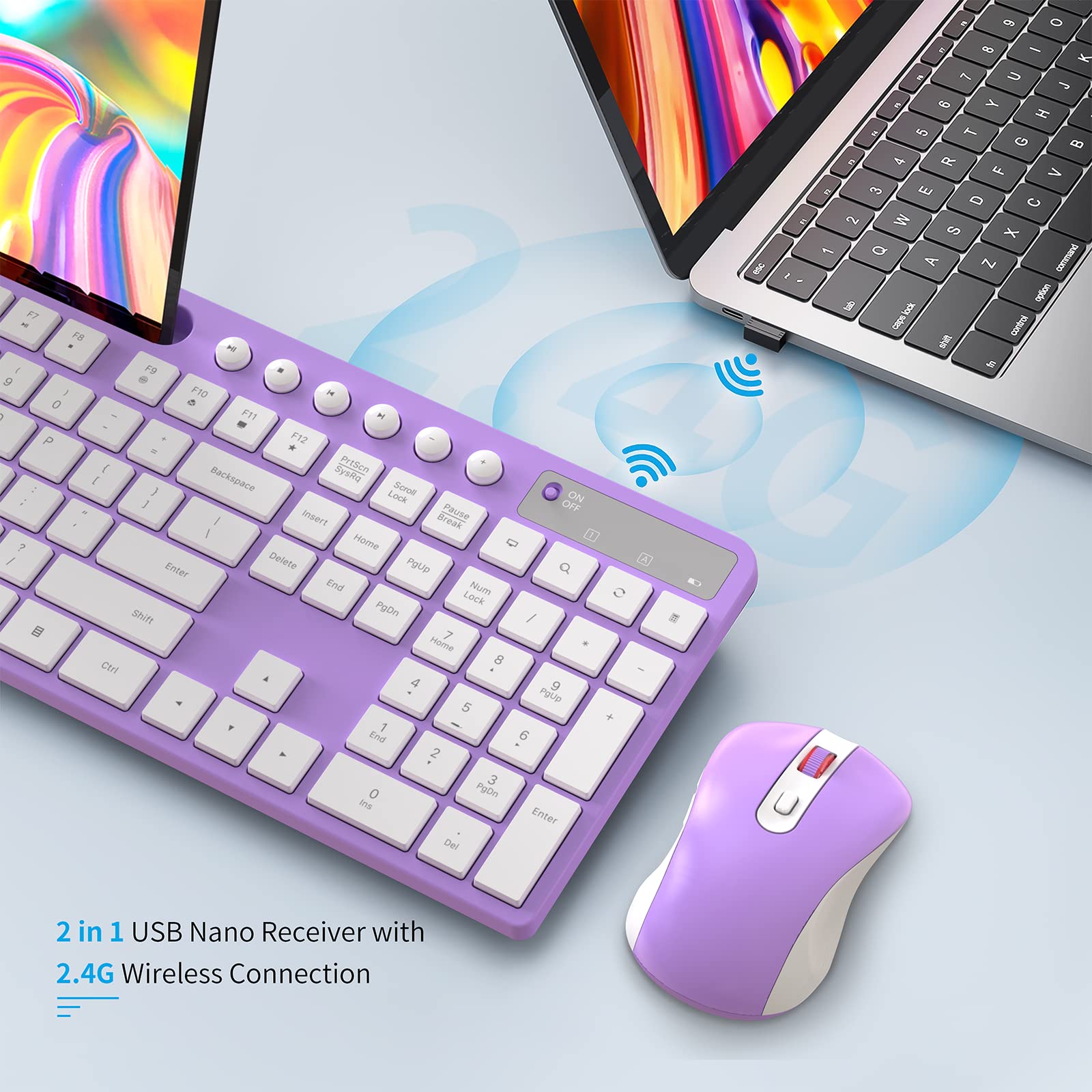 Wireless Keyboard And Mouse Combo, Marvo 2.4G Ergonomic Wireless Computer Keyboard With Phone Tablet Holder, Silent Mouse With 6 Button, Compatible With Macbook, Windows (Purple)
