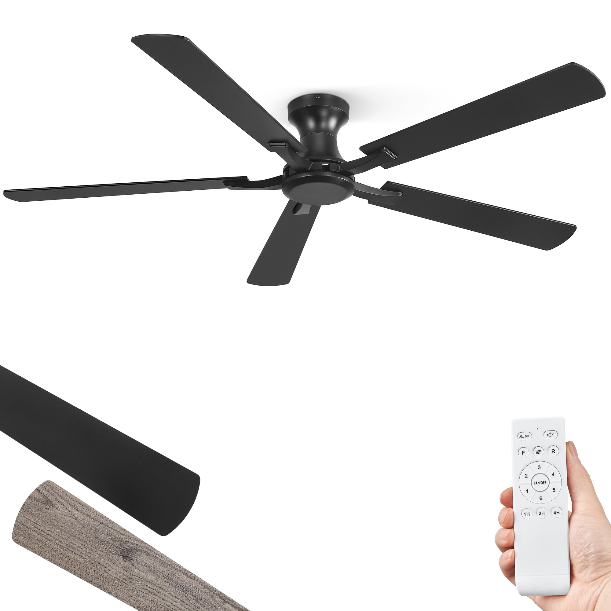 ZMISHIBO 60 Inch Ceiling Fan No Light, Flush Mount Low Profile, Modern Black Ceiling Fan Without Light, Remote Control & Quiet D