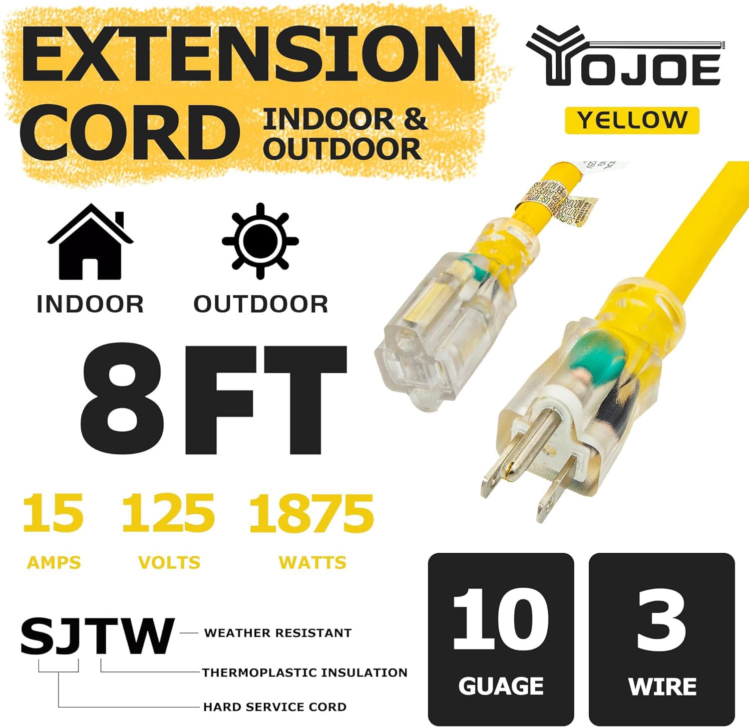 Yojoe Indoor Outdoor Extension Cord With Lighted End, 3 Prong 15A Weatherproof Power Extension Cord, 10 Gauge Heavy Duty 8 Ft Ye