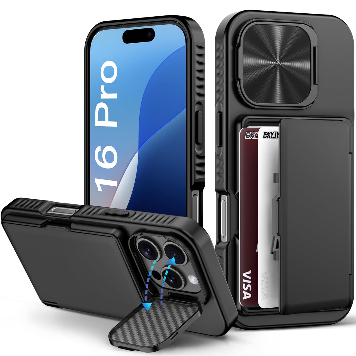 Bxyjy For Iphone 16 Pro Case Wallet, Built In Card Holder (4 5 Cards), Camera Cover Stand, Military Grade Drop Protection, Rugge