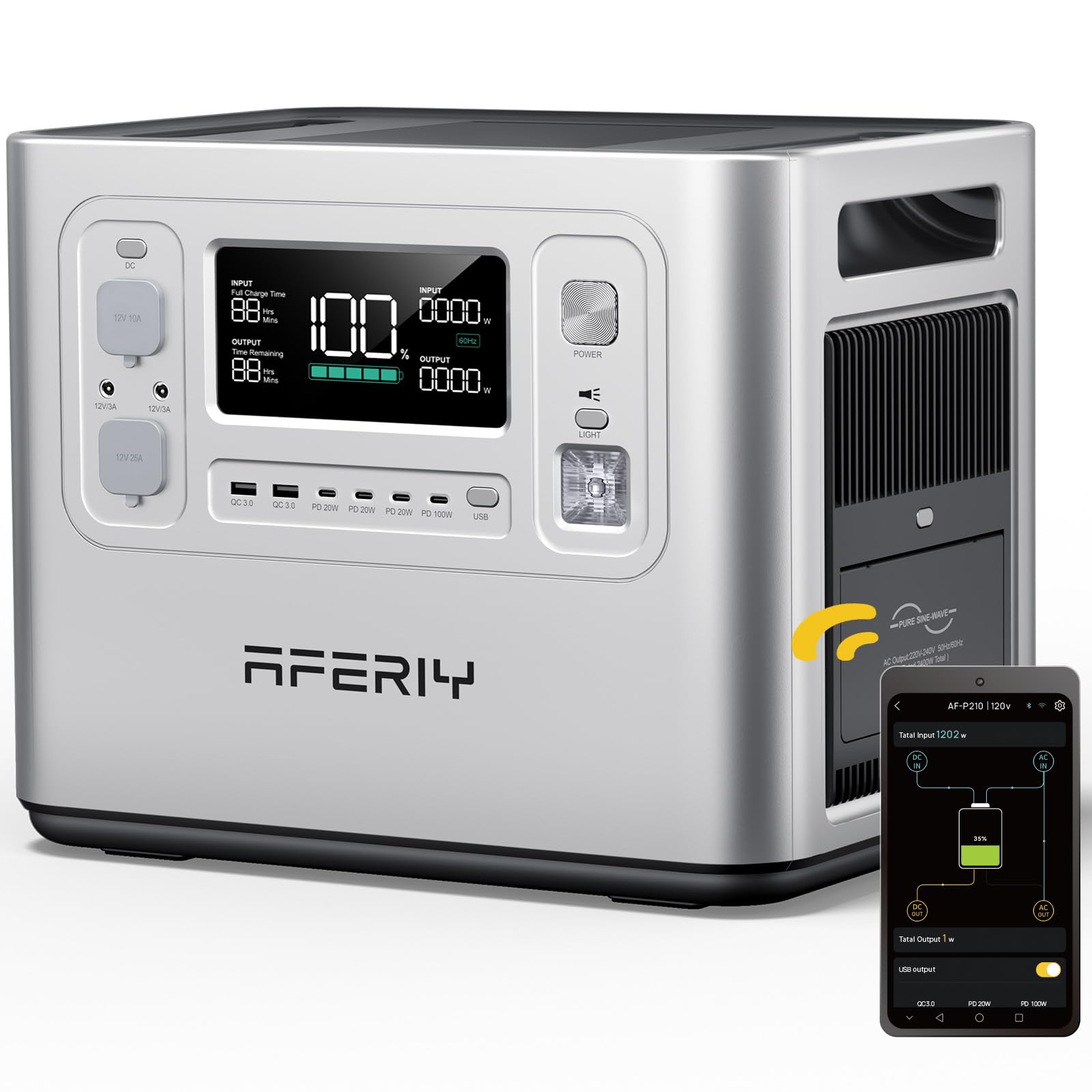 AFERIY P210 Portable Power Station 2400W (4800W Peak),2048Wh LiFePO4 Battery Generator with 1100W AC Charging & 500W Solar Charg