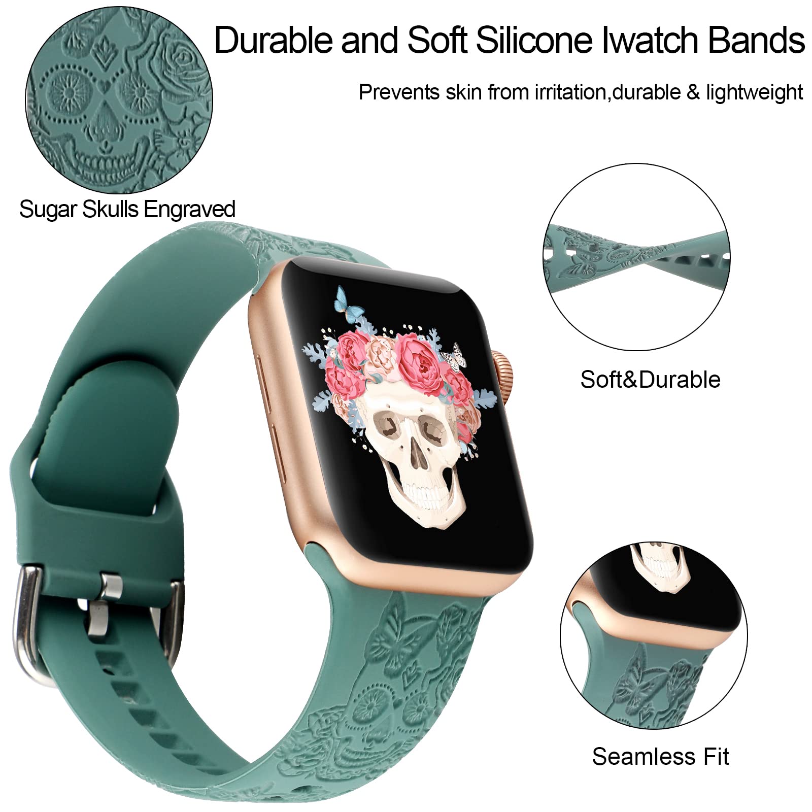 Skull Engraved Design Sport Bands Compatible With Apple Watch Iwatch Bands 40Mm 38Mm 41Mm, Flower Pattern Laser Printed Soft Sil