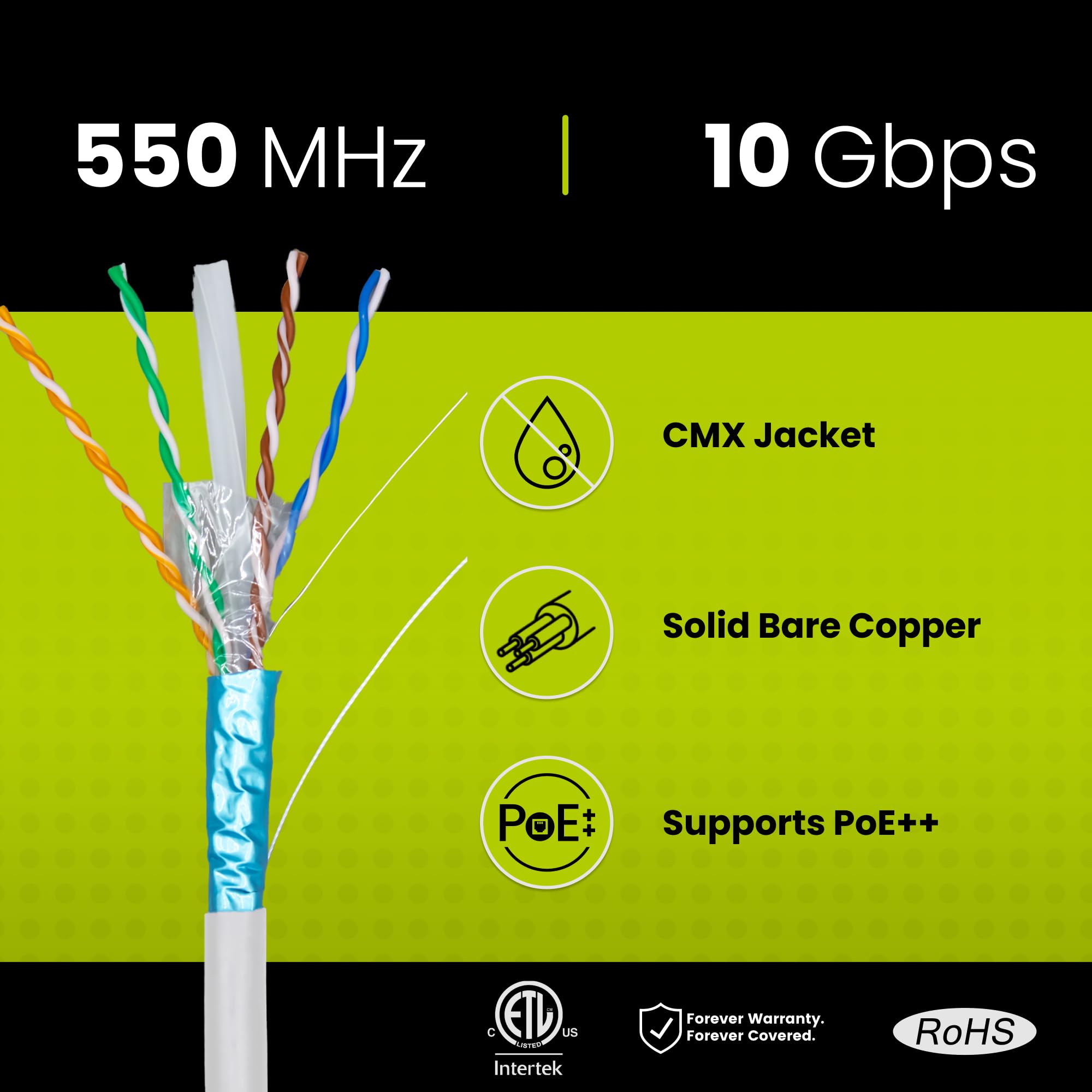 Truecable Cat6 Outdoor, Shielded F/Utp, 1000Ft, Uv Resistant, Cmx Rated, White, 23Awg Solid Bare Copper, 550Mhz, Poe++ (4Ppoe), Etl Listed, Bulk Ethernet Cable