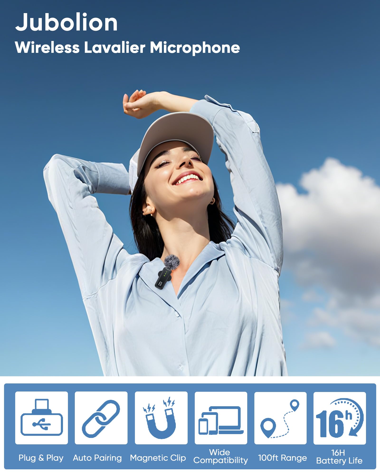 Jubolion Wireless Mini Microphone For Iphone - Magnetic Clip Mini Mic With 100% Battery Display, Noise Reduction, Plug & Play, C