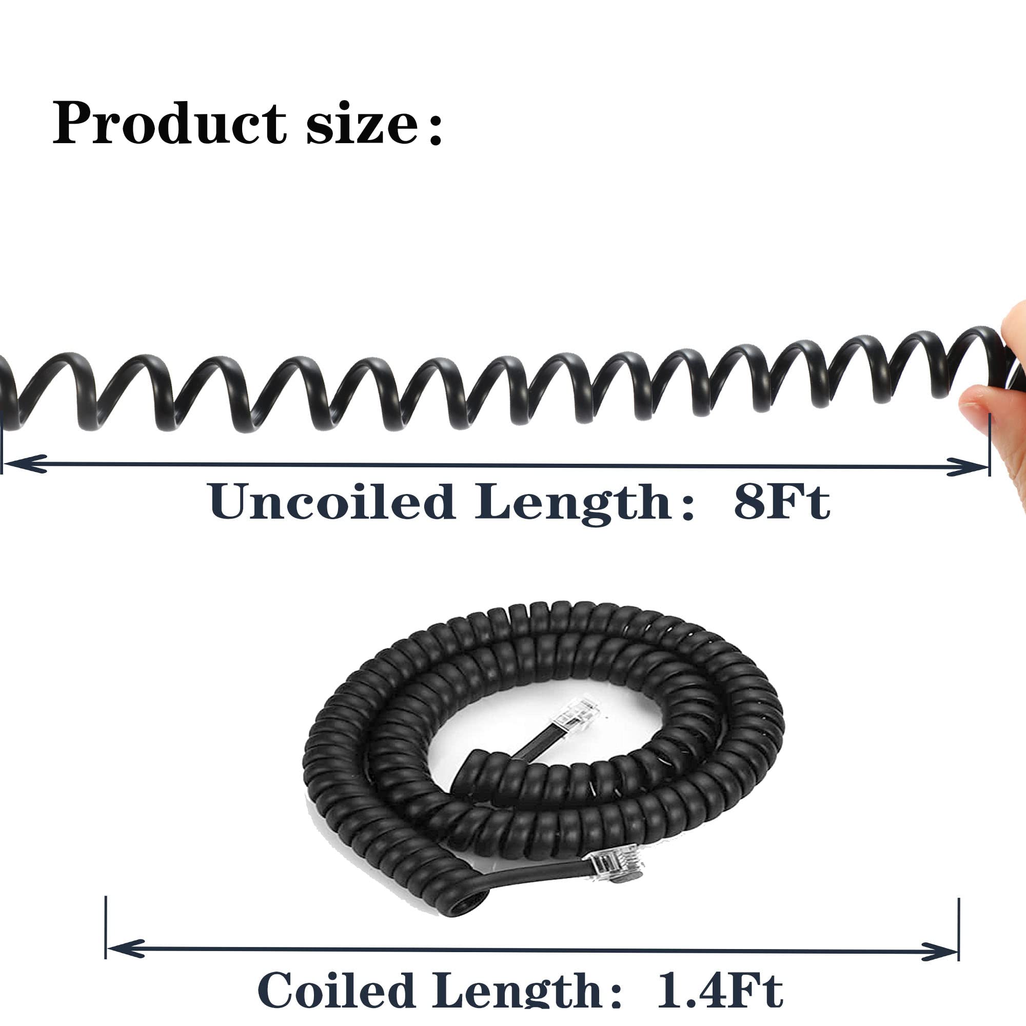 Phone Cord Landline8Ft Uncoiled / 1.4Ft Coiled Landline Phone Handset Cable Rj9 4P4C Telephone Accessory  Black (10Pack)