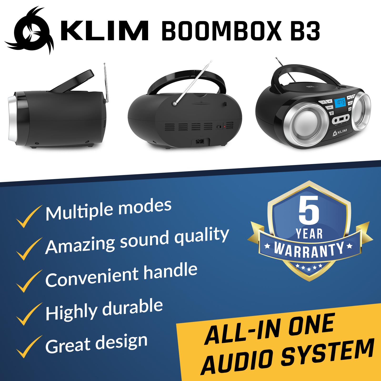 Klim B3 Portable Cd Player Boombox With Fm Radio, Bluetooth, Usb, Aux, And Fm Radio   Cd Players For Home   Dual Speakers, Eq So