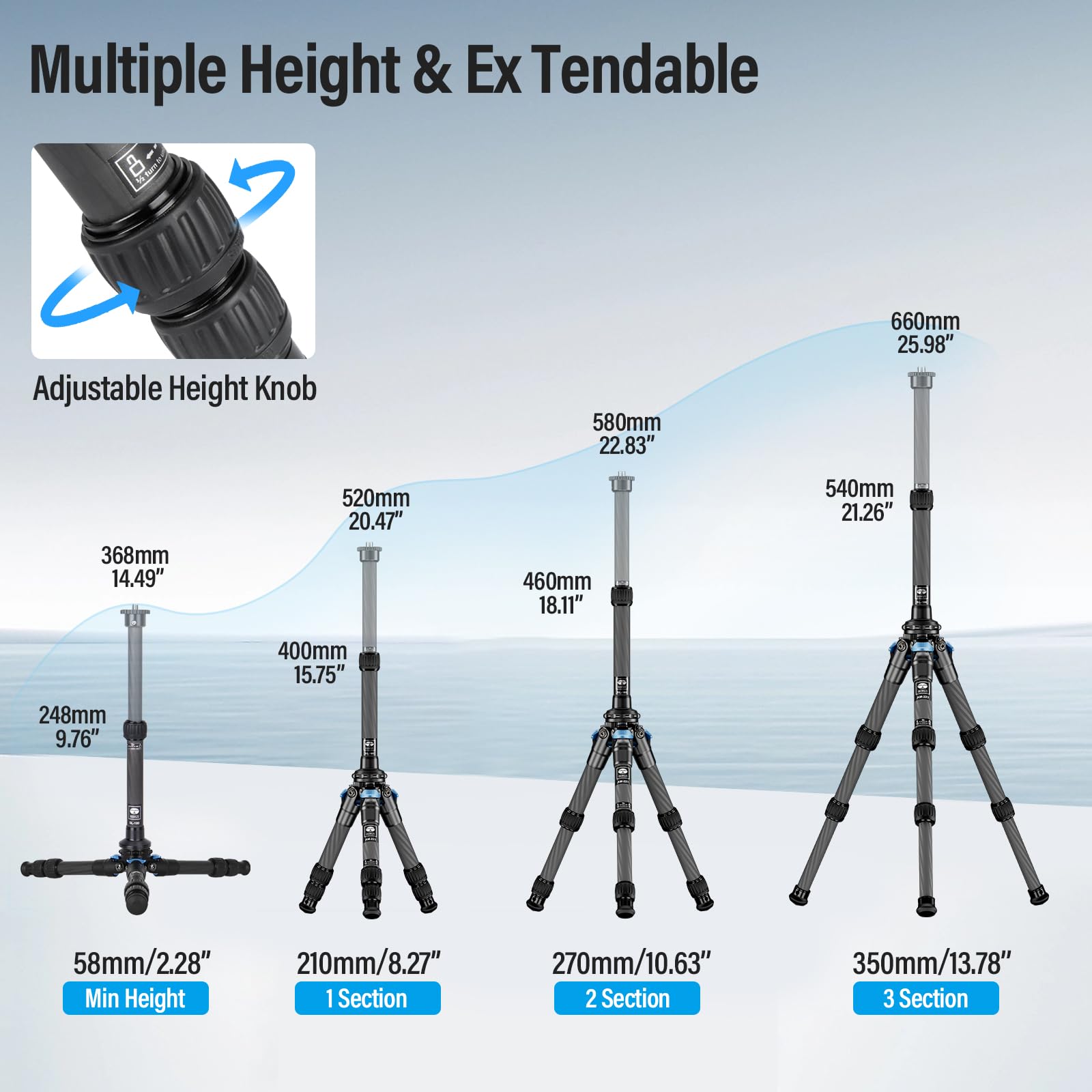 Sirui Lightweight Carbon Fiber Mini Travel Tripod With Two Section Center Column, Max Height 26', Supports 33Lbs (Am 223+Sl 100)