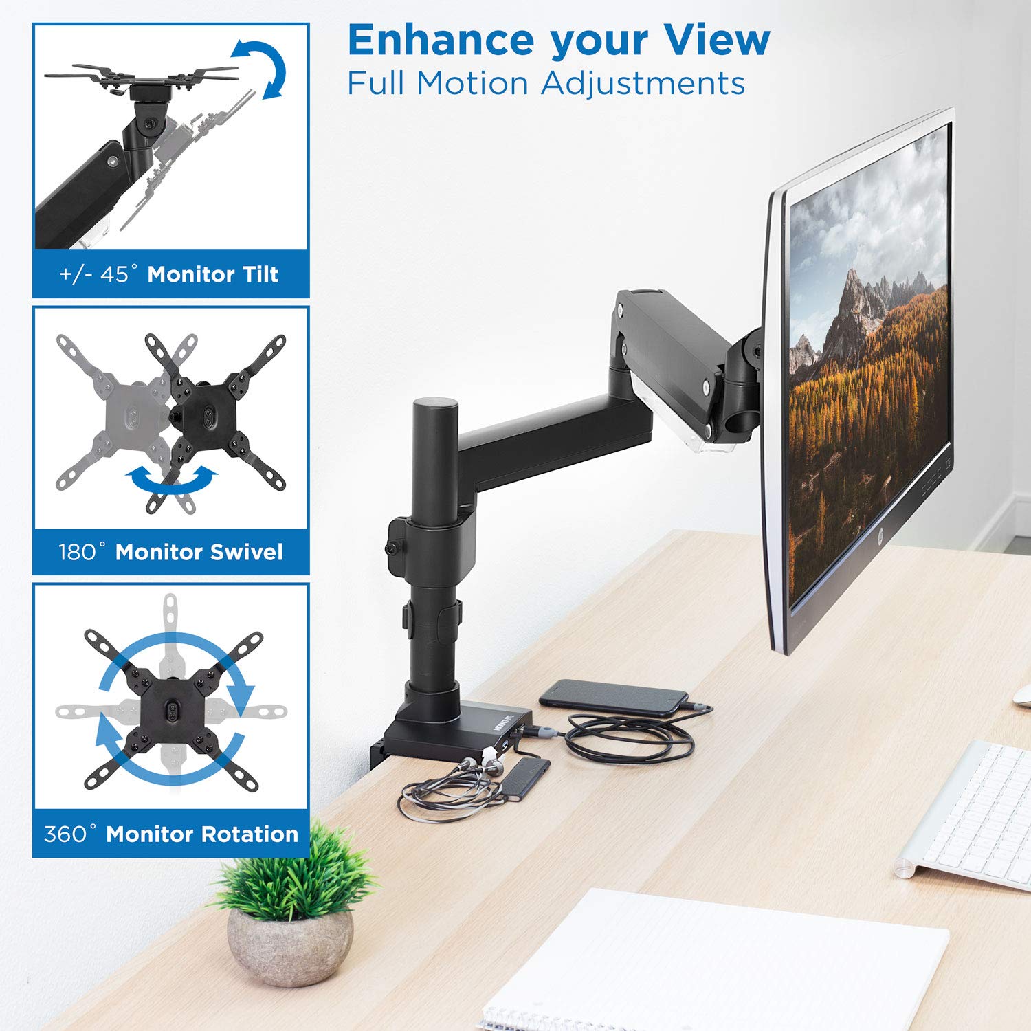 Mount It! Ultrawide Monitor Arm, Heavy Duty 34 Inch Monitor Desk Mount for Screens up to 35 Inch and 33 Lbs, Vesa 100x100 Compatible, Height Adjustable Gas Spring Arm with 2 USB 3.0 and Audio Ports