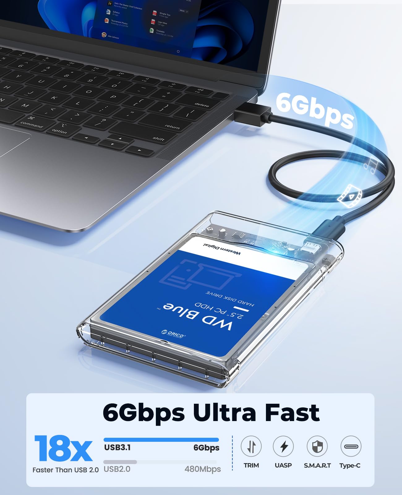 Orico 2.5 Inch Hard Drive Enclosure Sata To Usb C 3.1 6Gbps External Hard Drive Case For 7/9.5Mm Hdd/Ssd Support Uasp Up To 6Tb