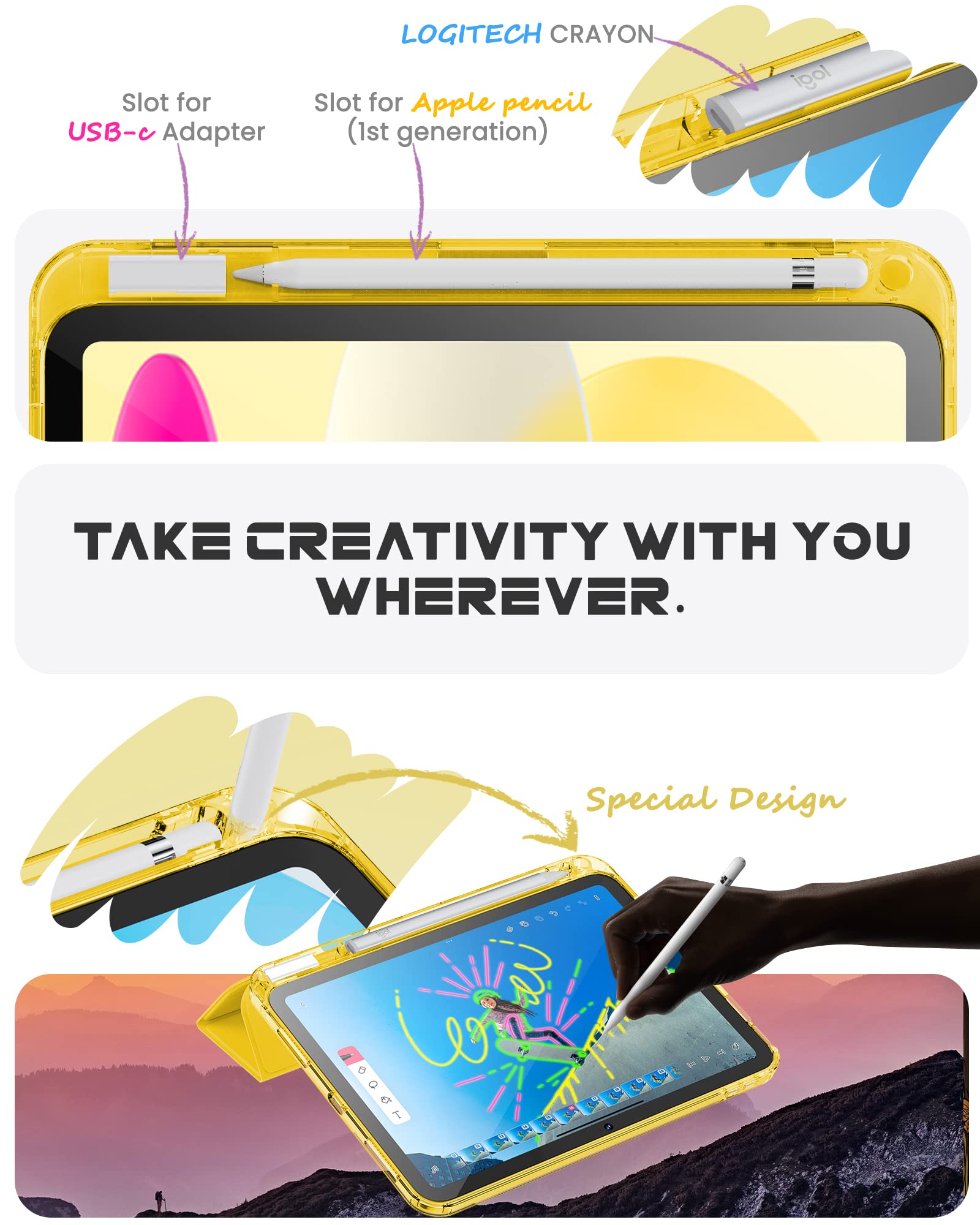 Infiland Compatible With Ipad (A16) 11Th Generation 11 Inch 2025 Case, Ipad 10Th Generation Case 2022 10.9 Inch 2022, Crystal Clear With Slot For Pencil & Charging Adapter, Bright Yellow