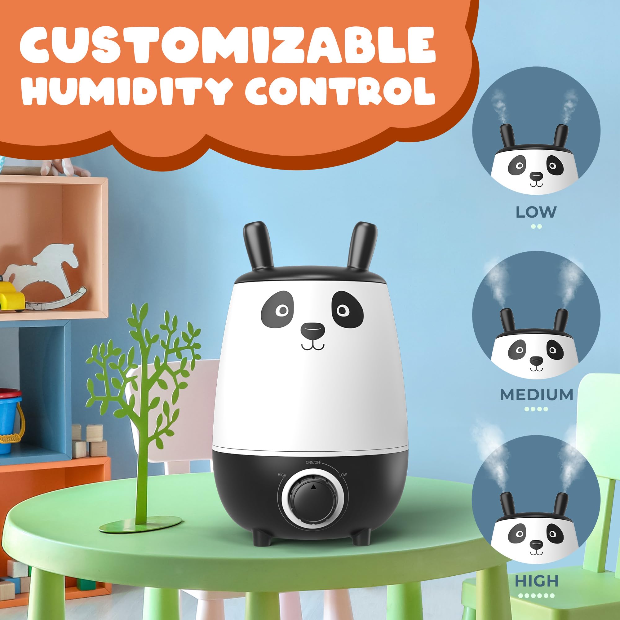 Everlasting Comfort Panda Baby Humidifier, 2.5L Top Fill Whisper Quiet Humidifier For Baby Nursery & Kids Bedroom, Easy Clean &