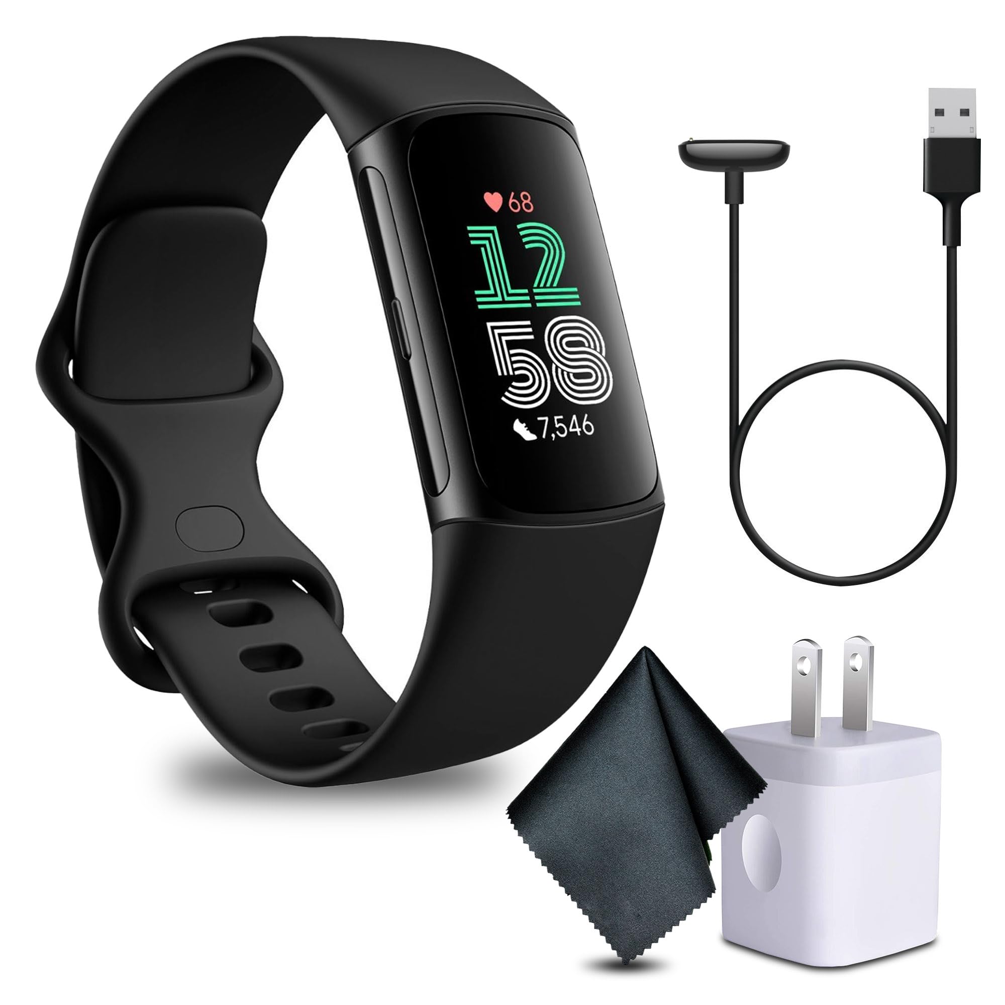 Fitbit Charge 6 Fitness Tracker Smartwatch with Heart Rate, GPS, Health Tools and More Obsidian/Black Bundle with Cleaning Cloth