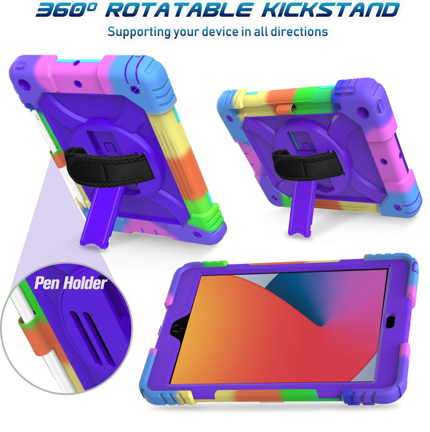 Bmouo Ipad 9Th Generation Case, Ipad 8Th/7Th Generation Case, Ipad 10.2 Case,Hybrid Shockproof [360 Rotating Stand] [Hand Strap]